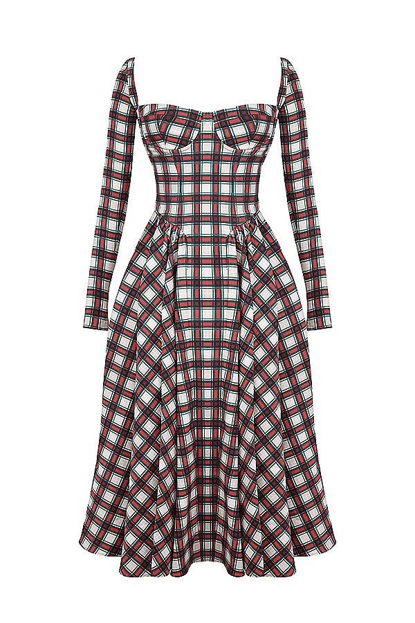 Eliza-Red Tartan Corset Midi Dress