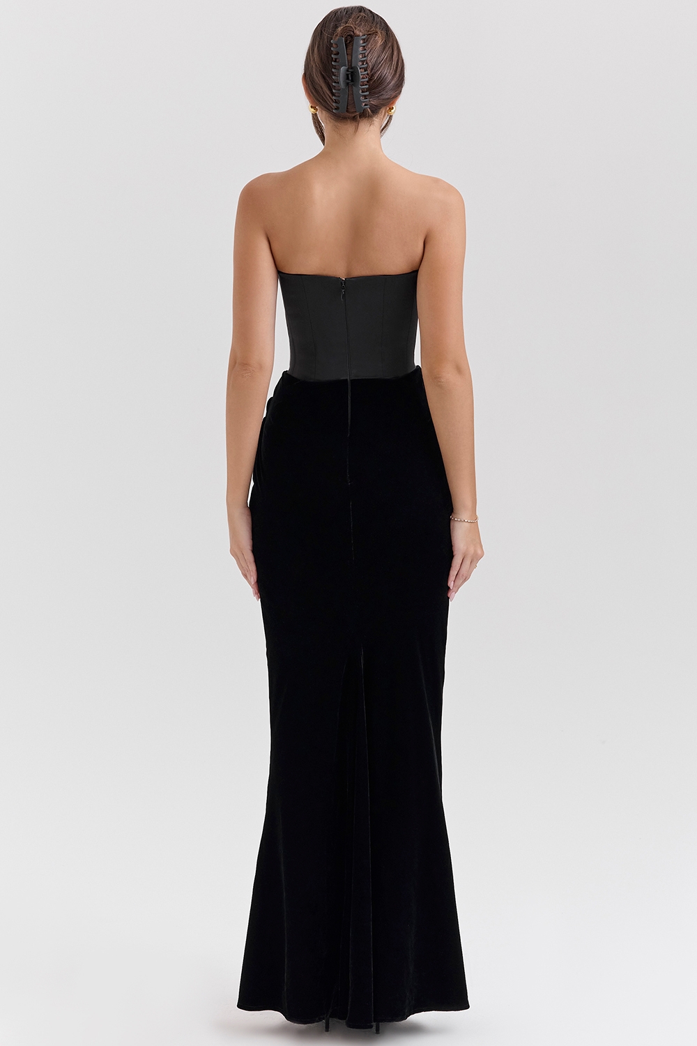 Persephone-Black Velvet Strapless Corset Maxi Dress