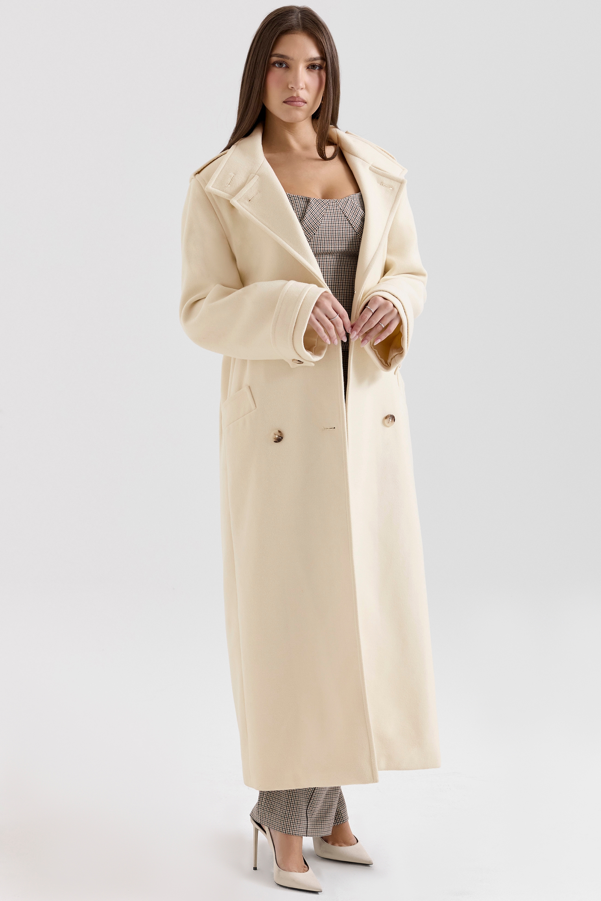 Sander-Cream Double Breasted Funnel Neck Coat