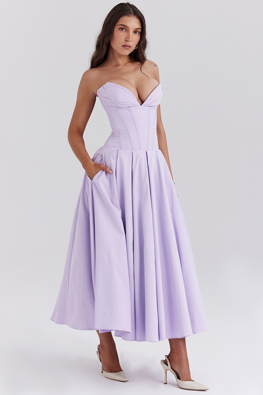 Lady-Orchid Twill Strapless Tulle Midi Dress