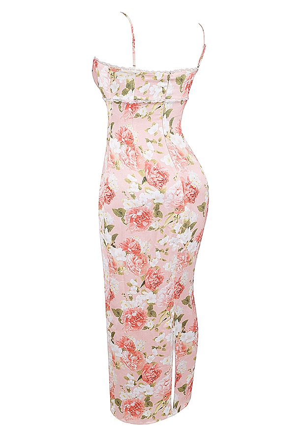 Josefina-Pink Peony Print Satin Maxi Dress