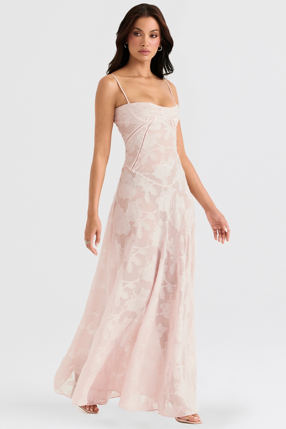 Seren-Soft Pink Floral Lace Back Maxi Dress