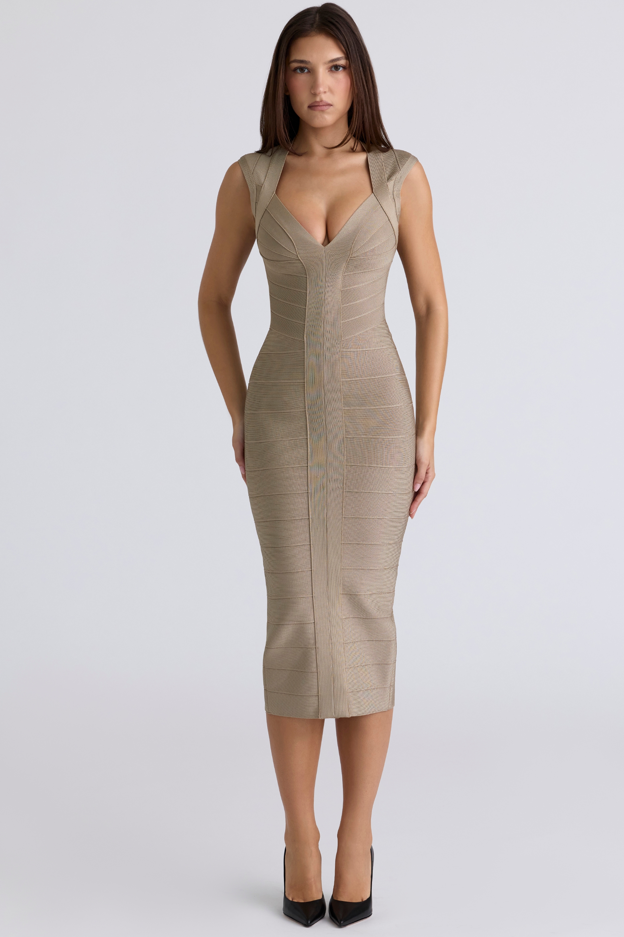 The Icon-Taupe Stretch Bandage Midi Dress