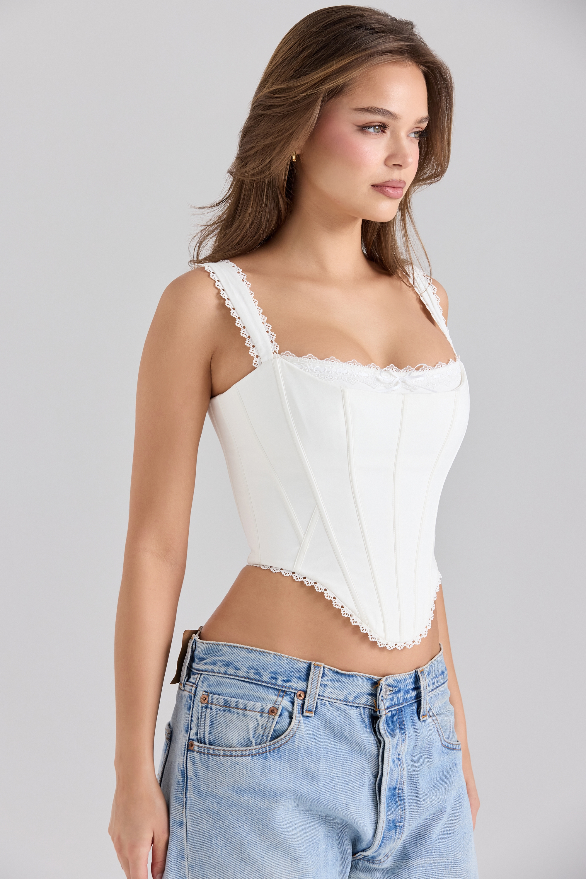 Adina-White Stretch Cotton Scallop Trim Corset Top