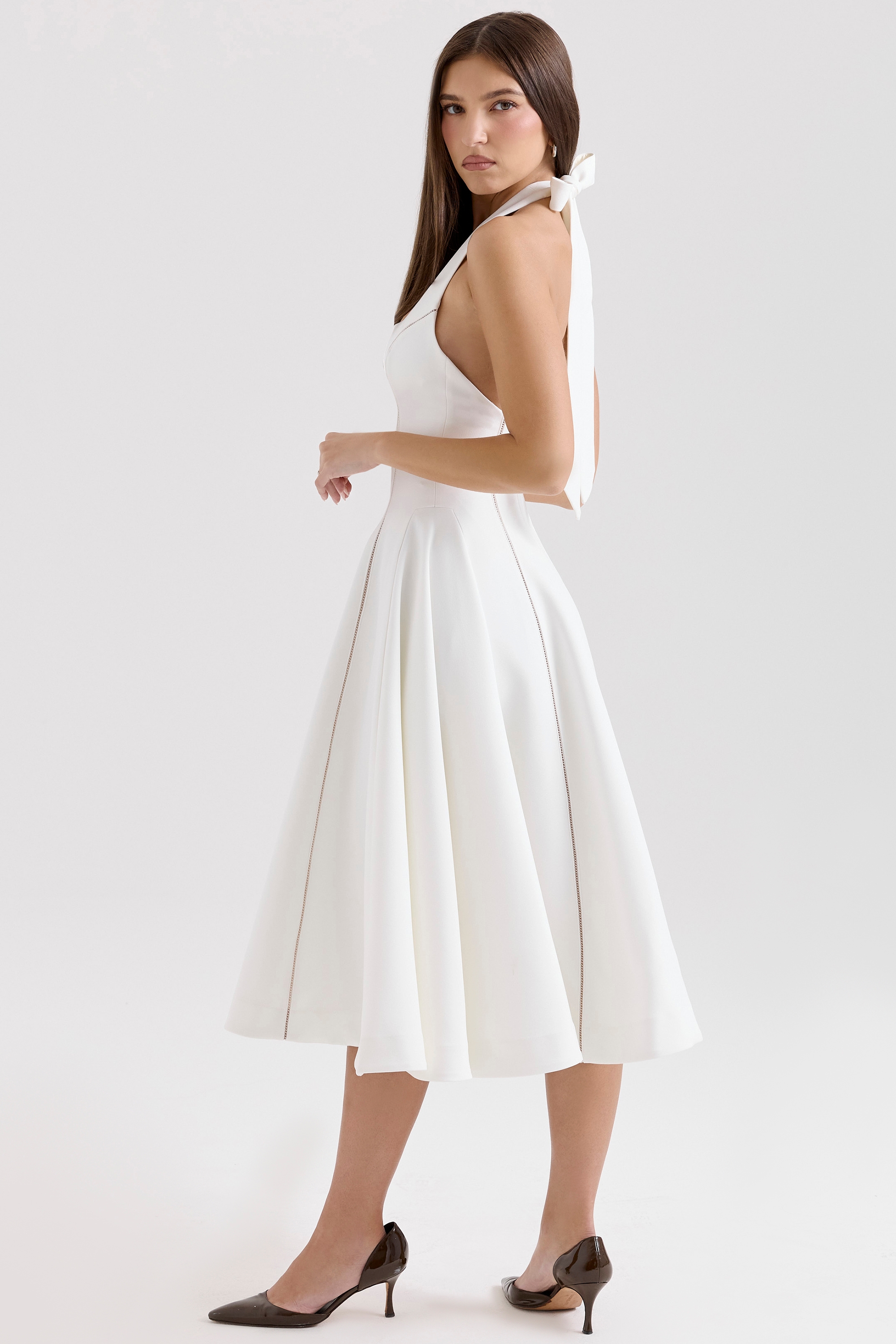 Loulou-Ivory Halter Neck Midi Dress