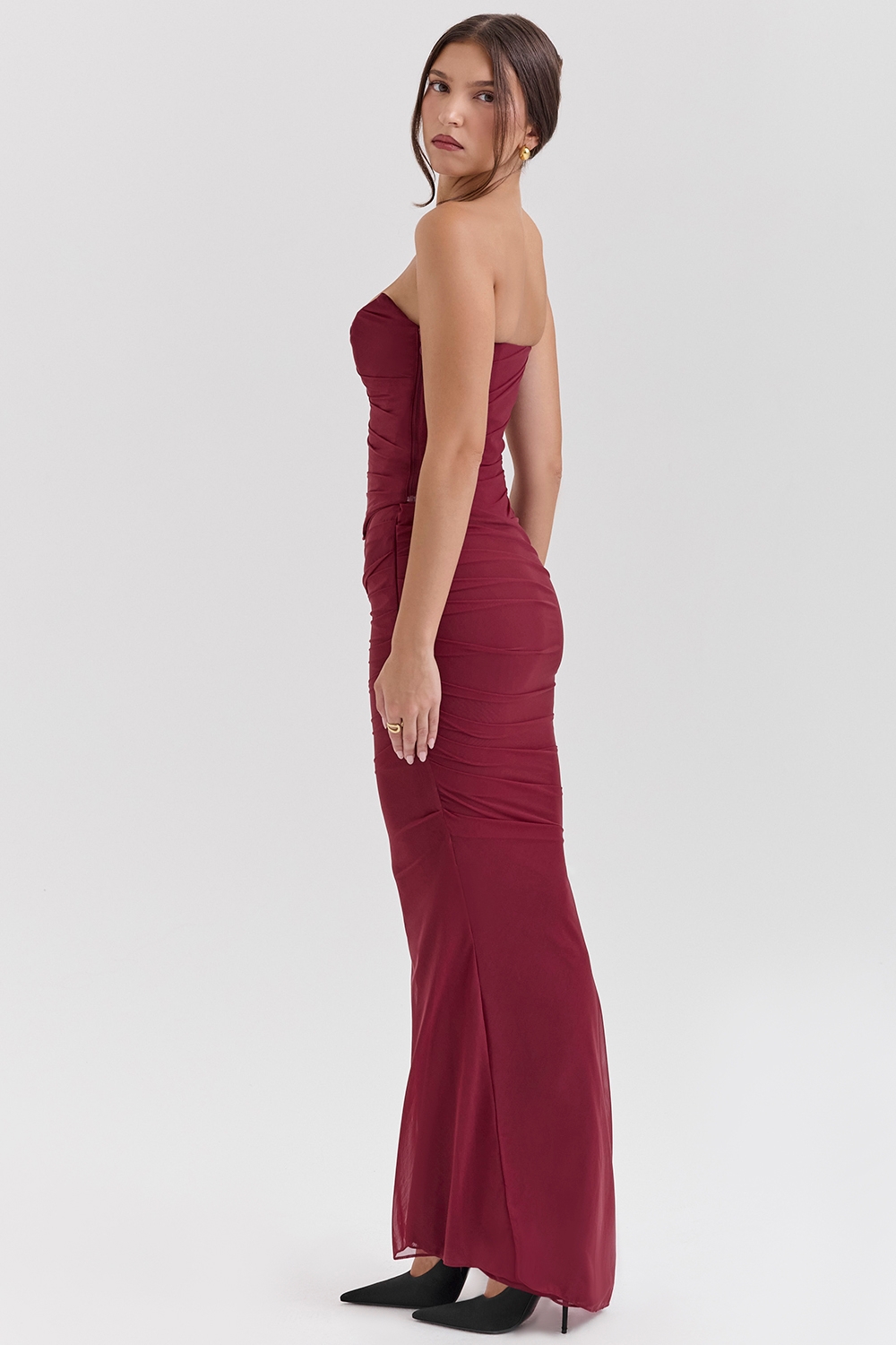 Cassidy-Cabernet Fluted Hem Mesh Maxi Skirt