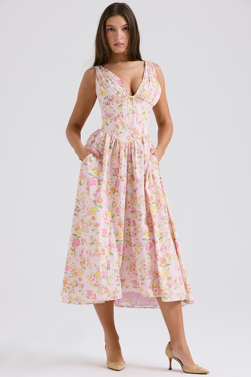 Emmelina-Pink Meadow Print Cotton Corset Sundress