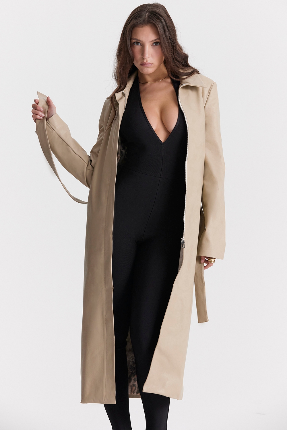 Ariel-Beige Vegan Leather Trench Coat