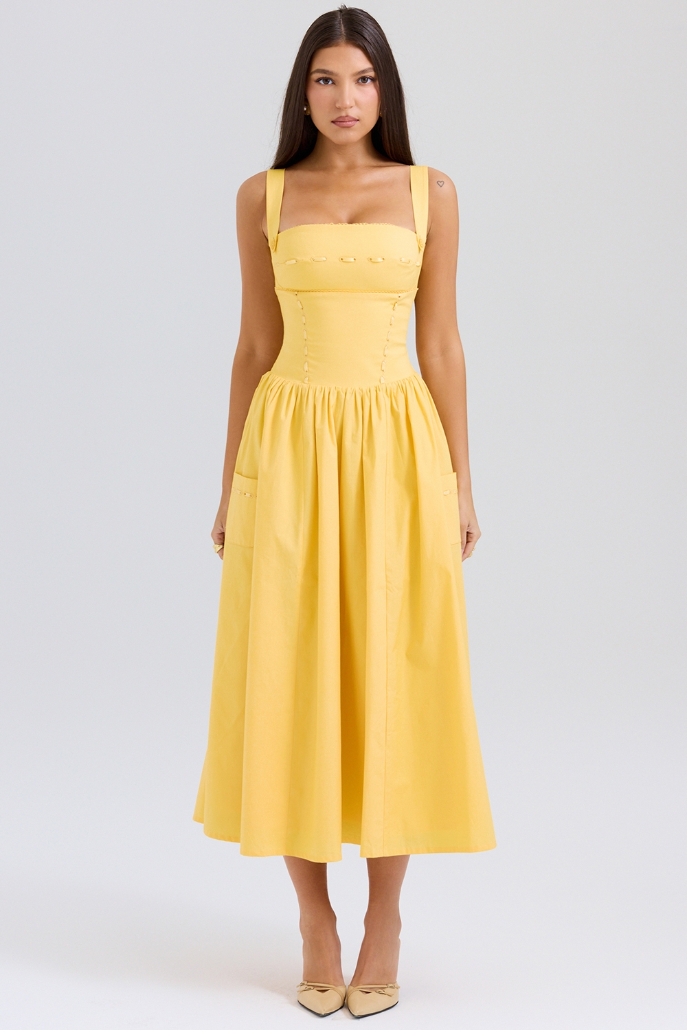 Vivien-Apricot Cotton Midi Sundress