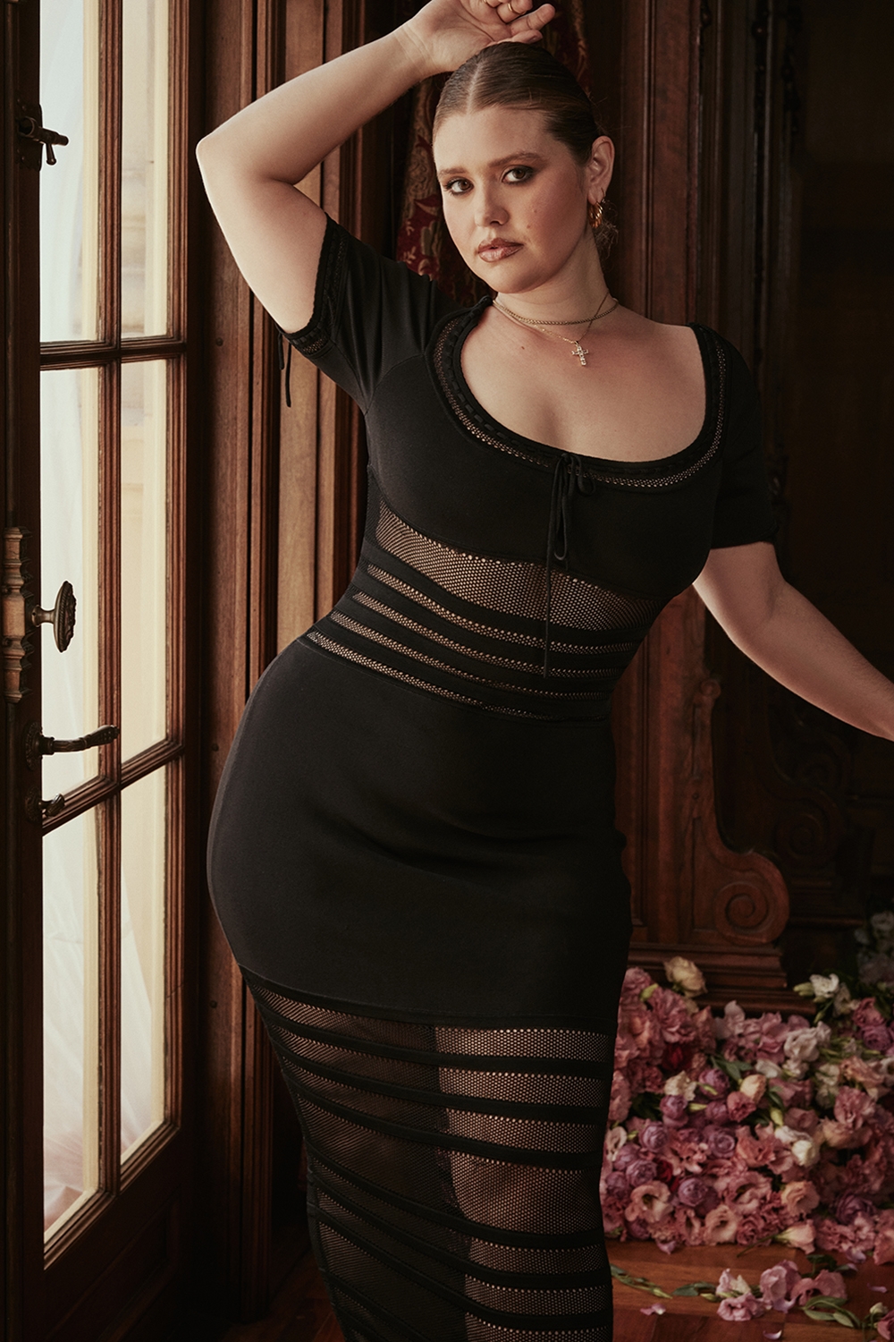 Lilla-Black Openwork Knit Midi Dress