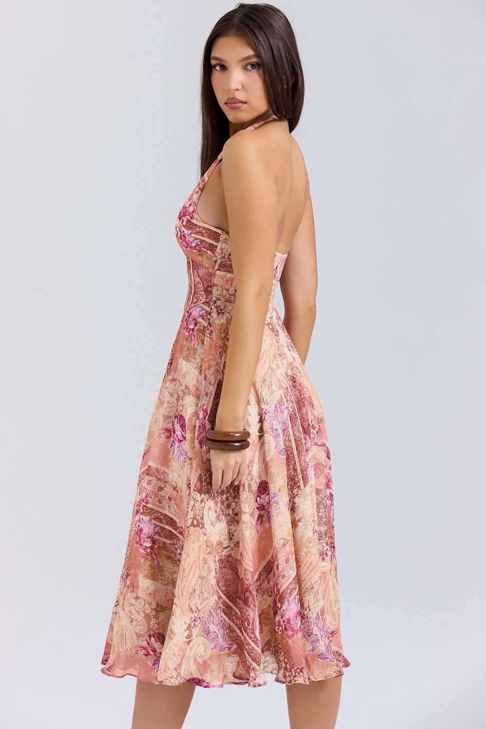 Solada-Paisley Patchwork Print Georgette Halter Sundress