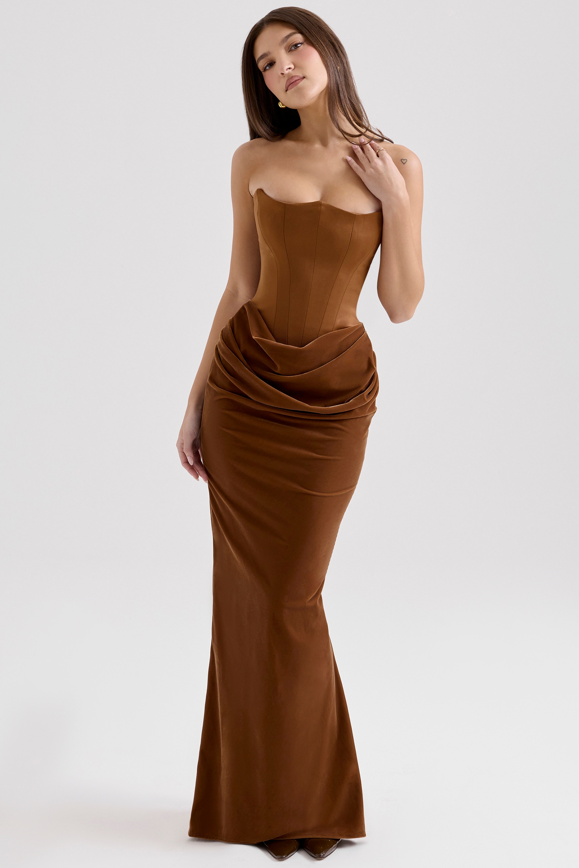 Persephone-Toffee Velvet Strapless Corset Maxi Dress
