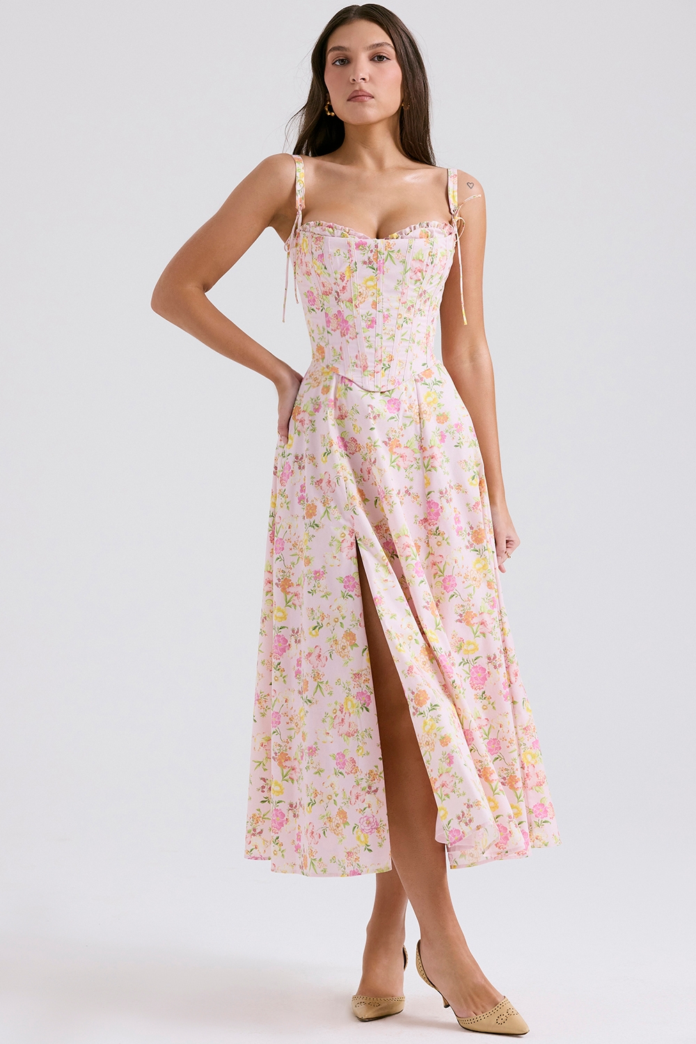 Clarabelle-Pink Meadow Print Cotton Midi Sundress