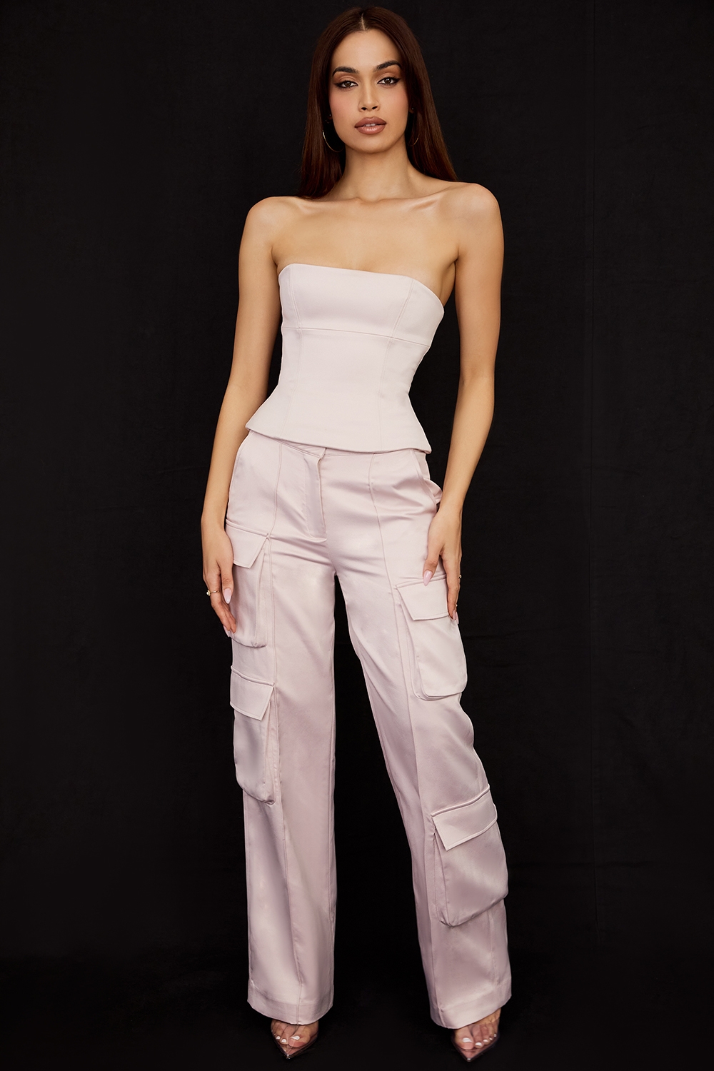 Daria-Crystal Satin Straight Leg Cargo Trousers
