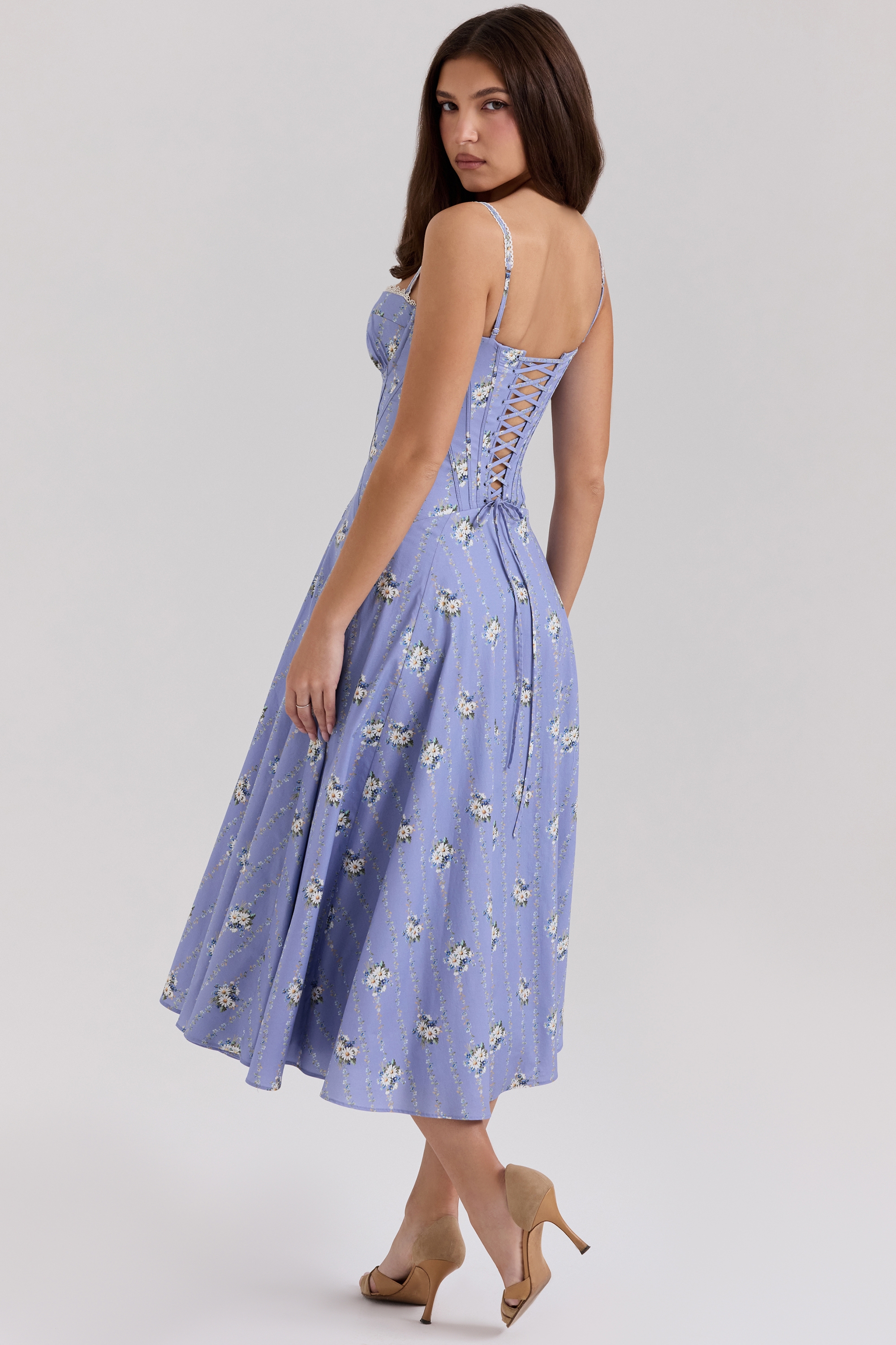Steffani-Blue Daisy Print Stretch Cotton Midi Sundress