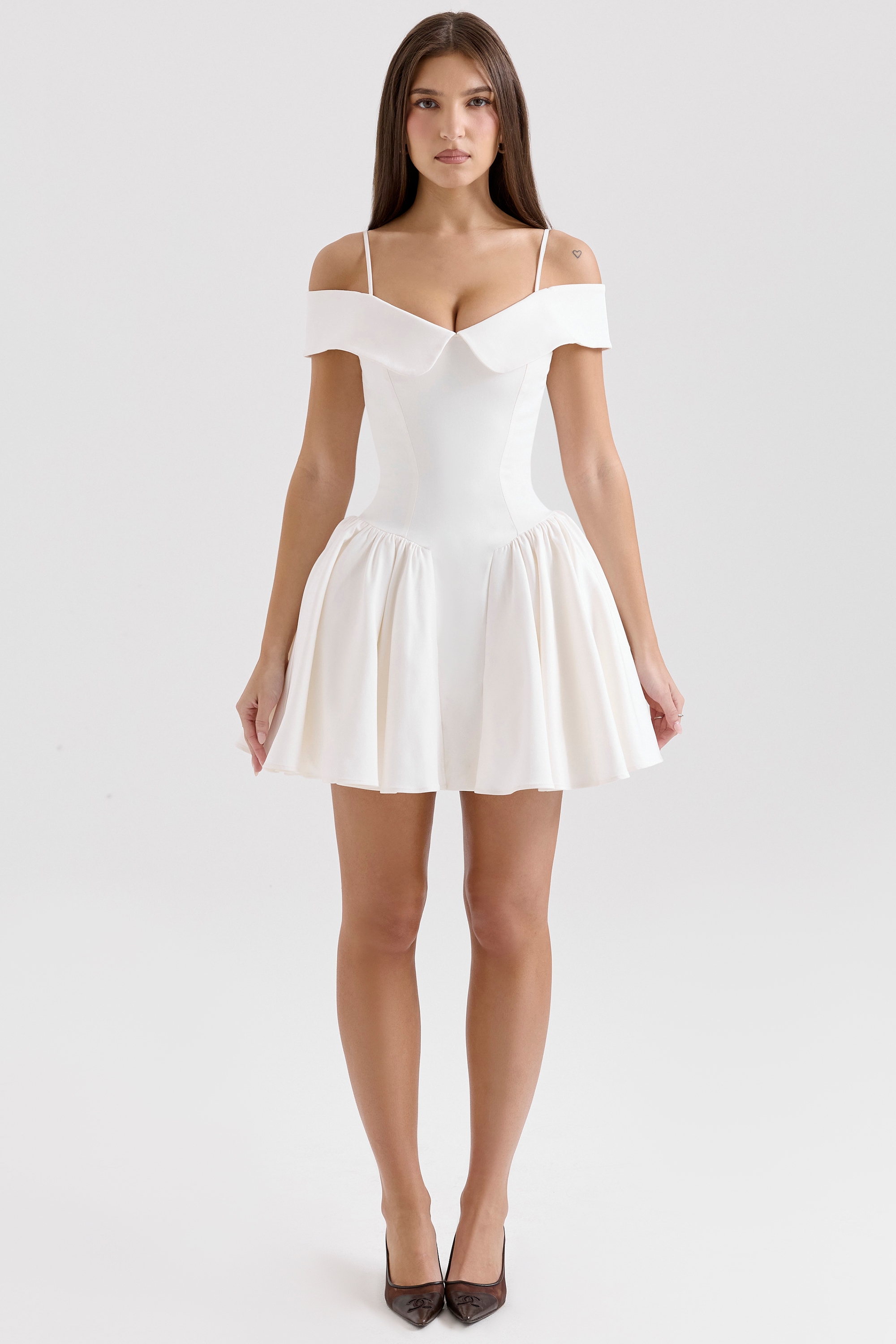Elida-White Twill Off Shoulder Mini Dress