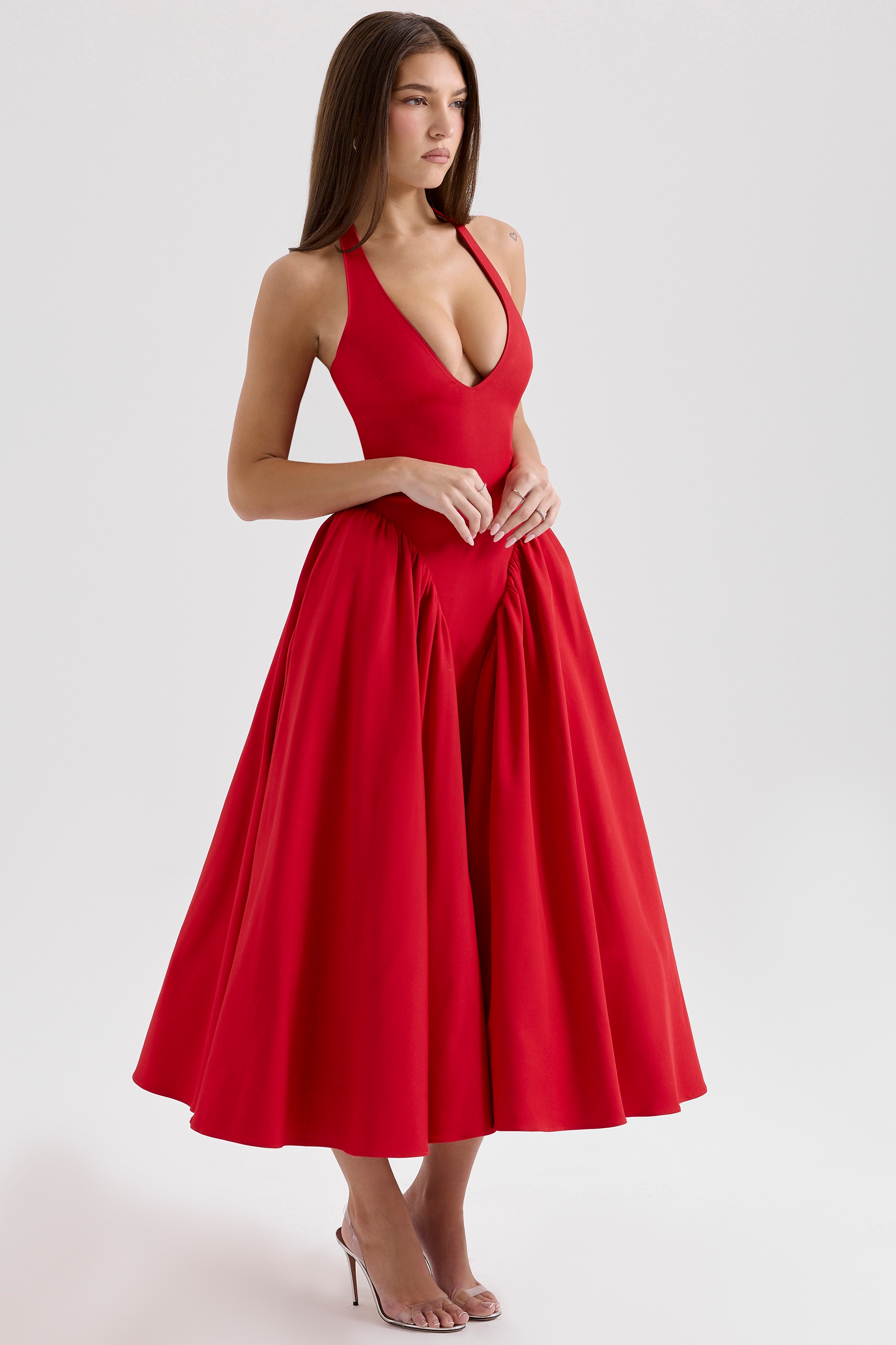 Marilyn-Red Twill Halter Midi Dress