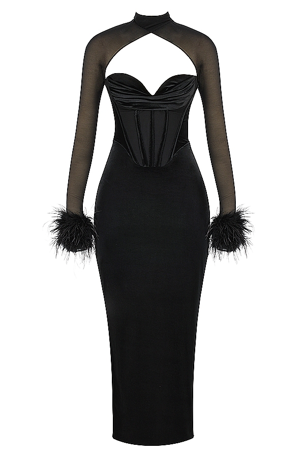 Thalia-Black Velvet Corset Maxi Dress
