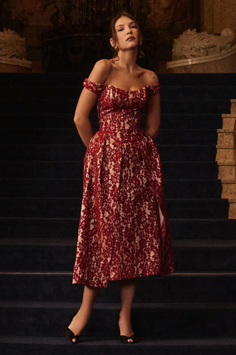 Charming-Gold and Berry Lace Midi Off Shoulder Dress