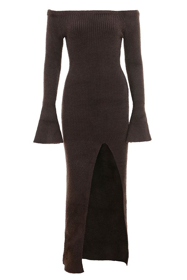 Lucena-Espresso Knit Off Shoulder Dress