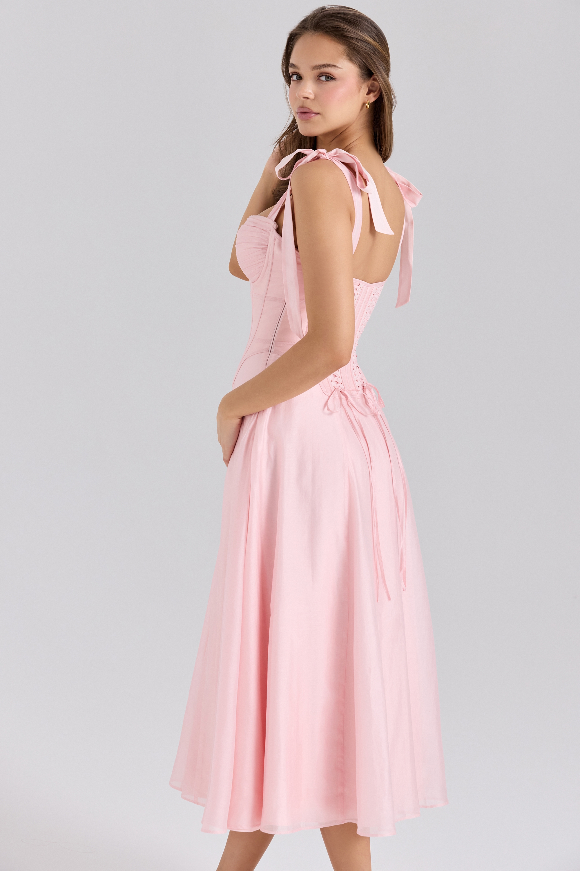 Leia-Pink Chiffon Tie Strap Midi Dress