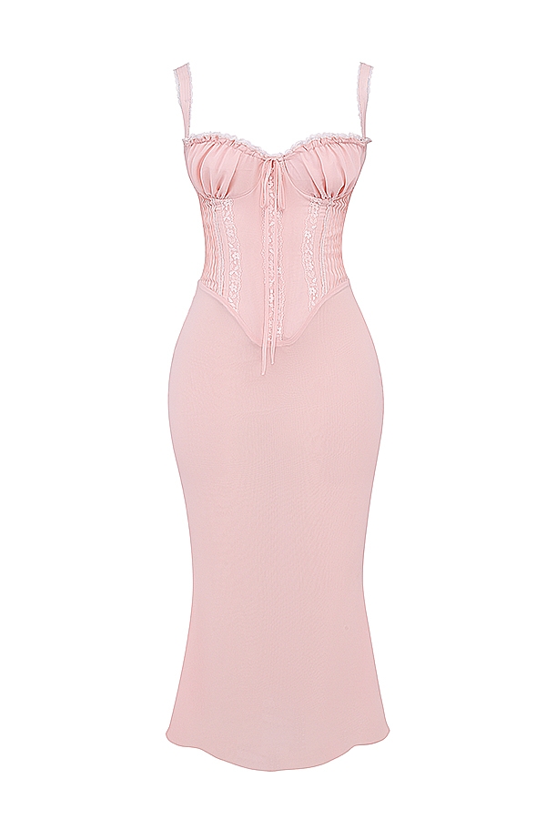 Syrah-Soft Peach Lace Back Midi Dress