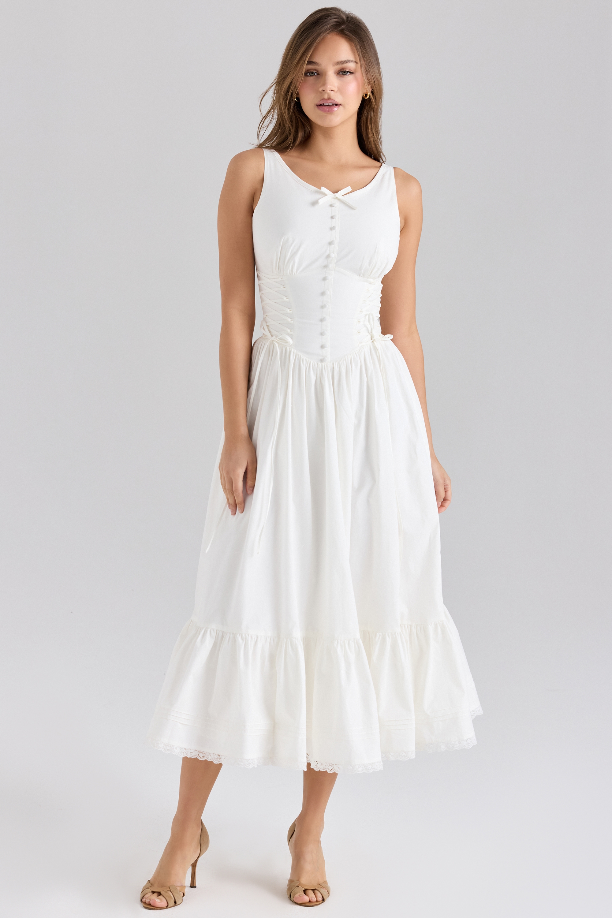 Sienna-White Stretch Cotton Lace Up Midi Dress