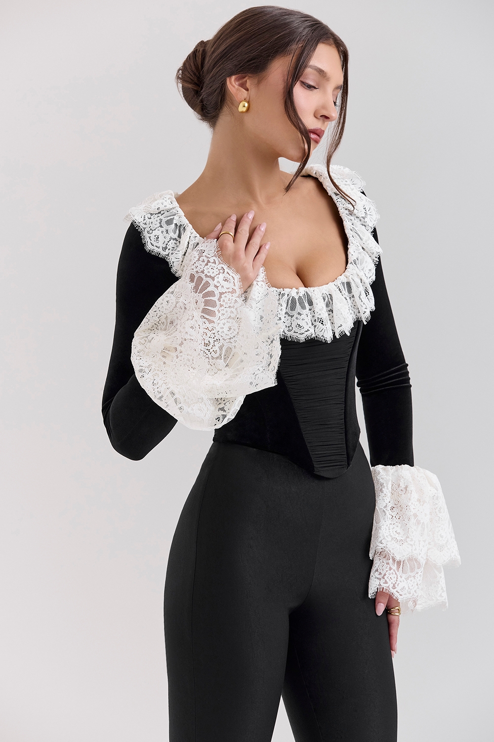 Jacinda-Black Velvet Lace Trimmed Corset Top - SALE