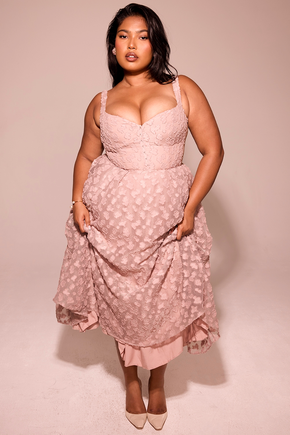 Lovely-French Rose Jacquard Sweetheart Neckline Midi Dress - SALE