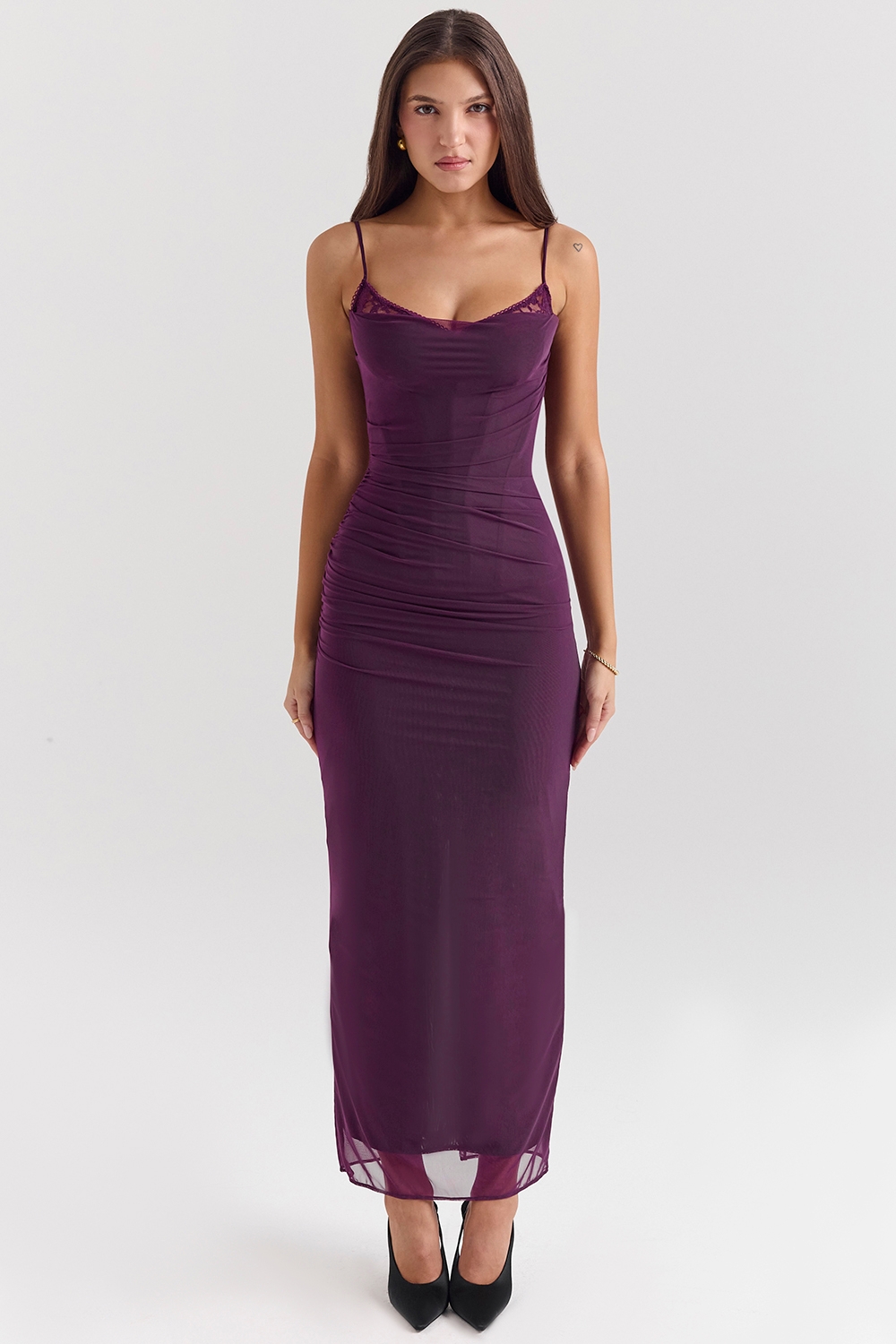 Nalini-Grape Mesh Corset Maxi Dress