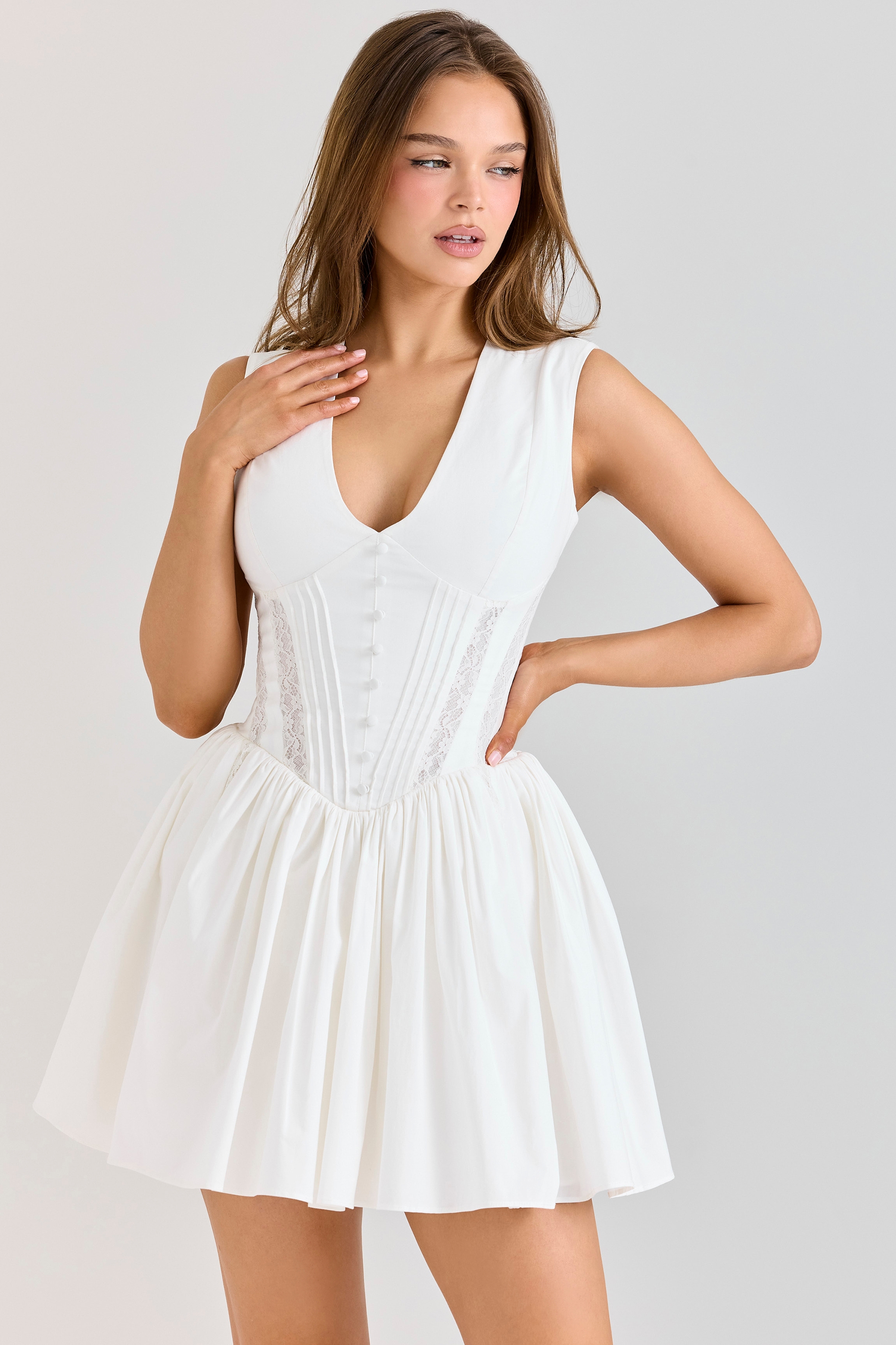 Carmel-White Stretch Cotton Mini Dress