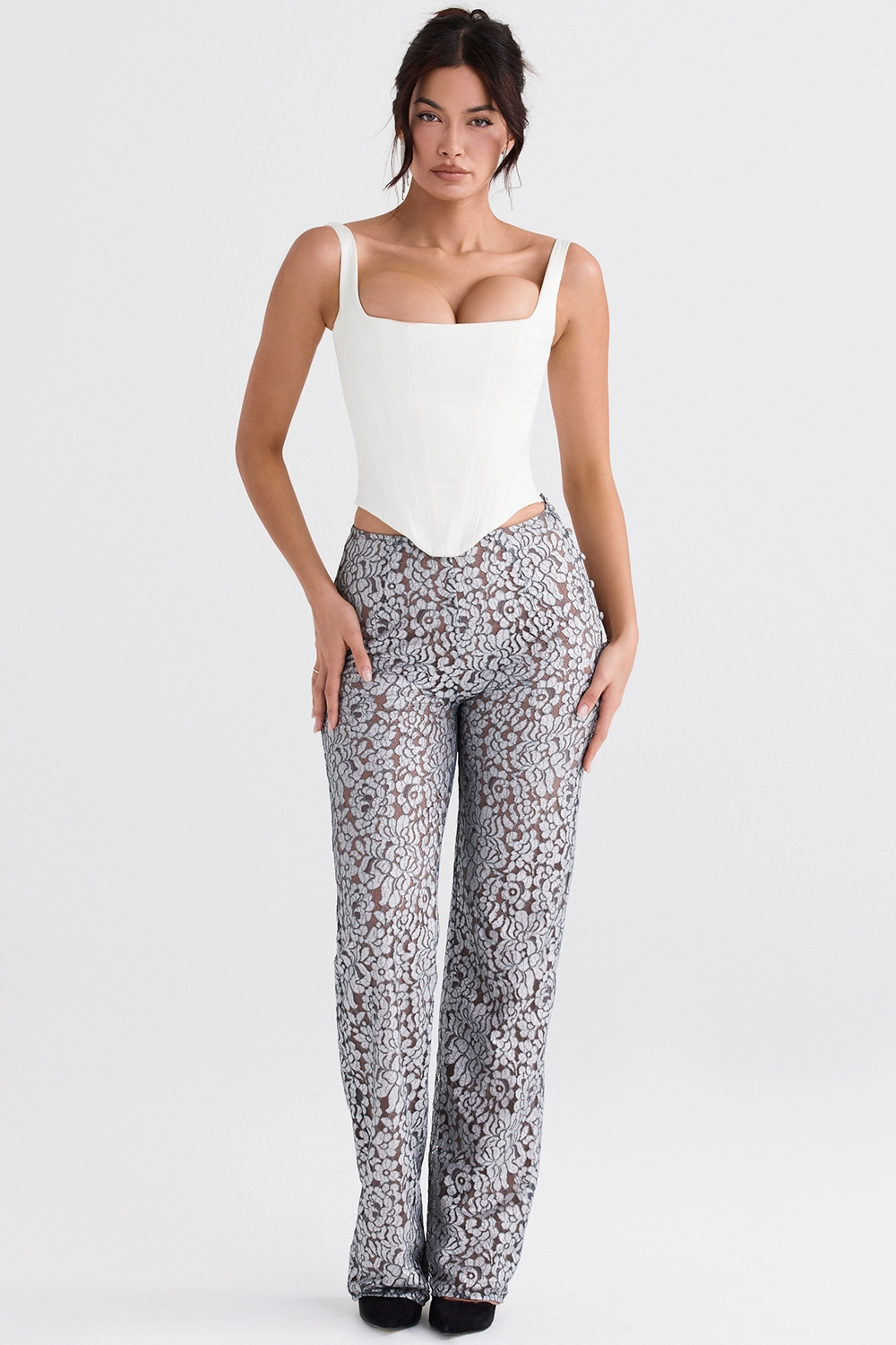 Mara-Silver Metallic Lace Trousers