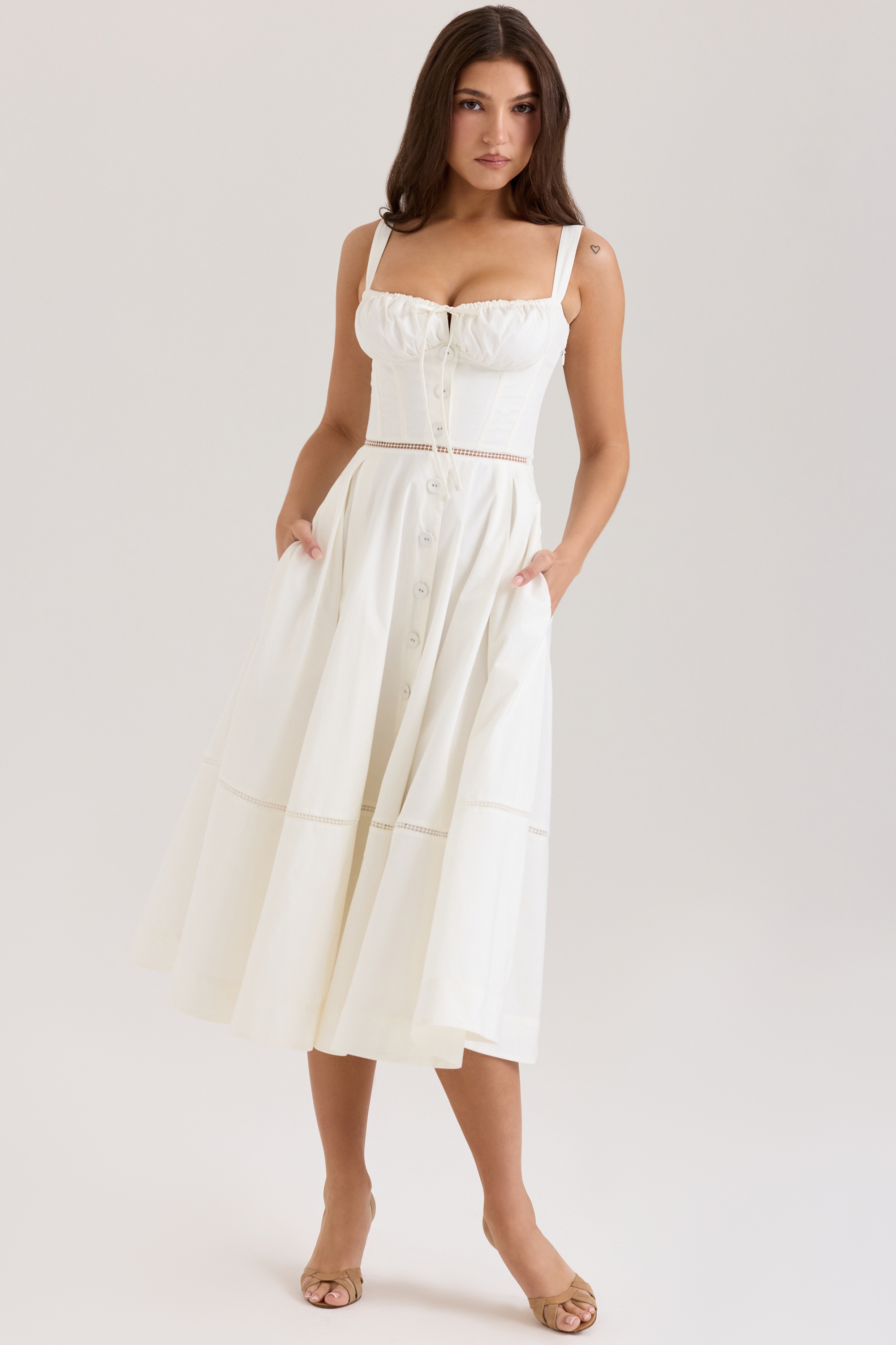 Chiarina-White Cotton Button Front Midi Dress