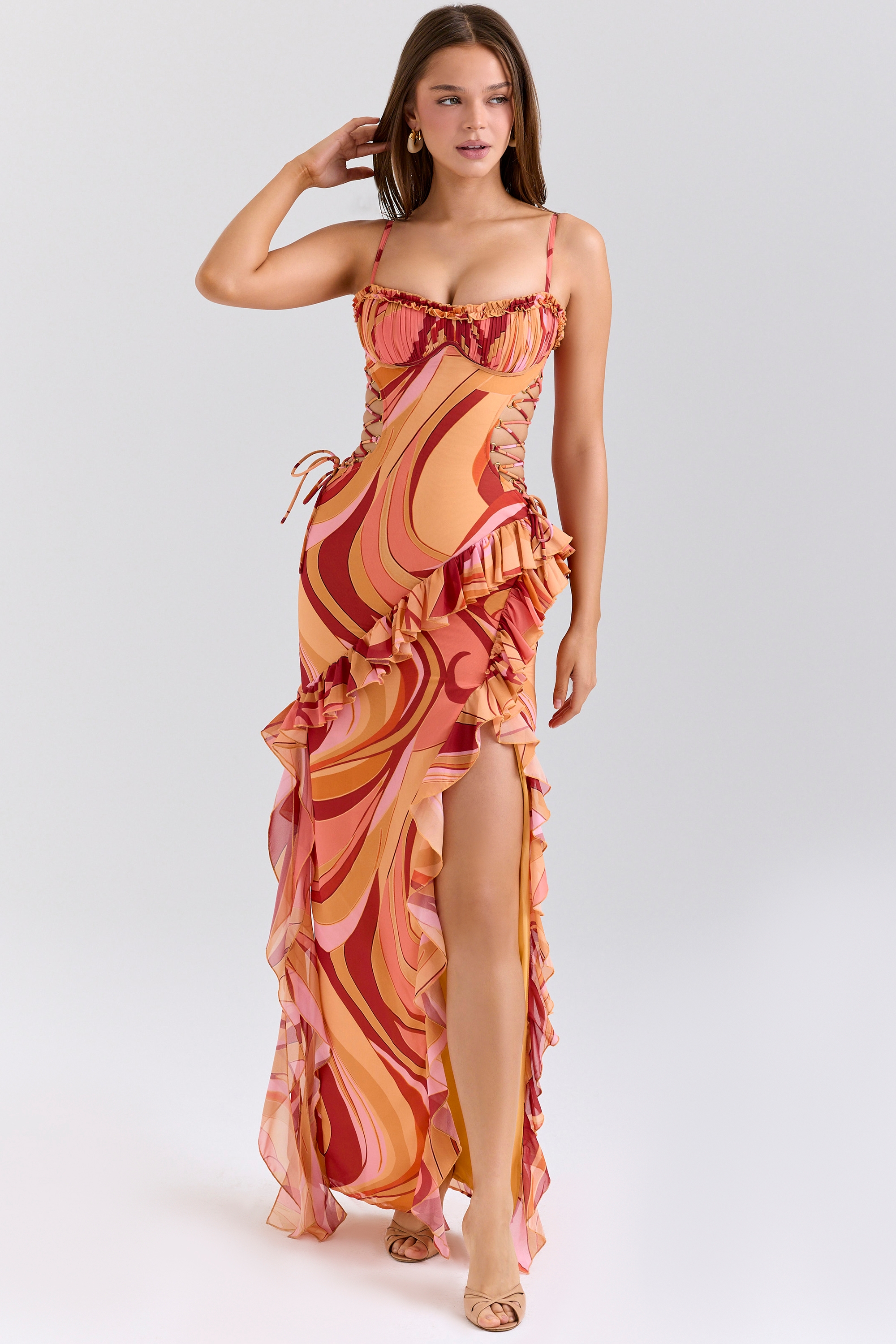 Lumira-Sunset Swirl Print Ruffle Cut Out Maxi Dress