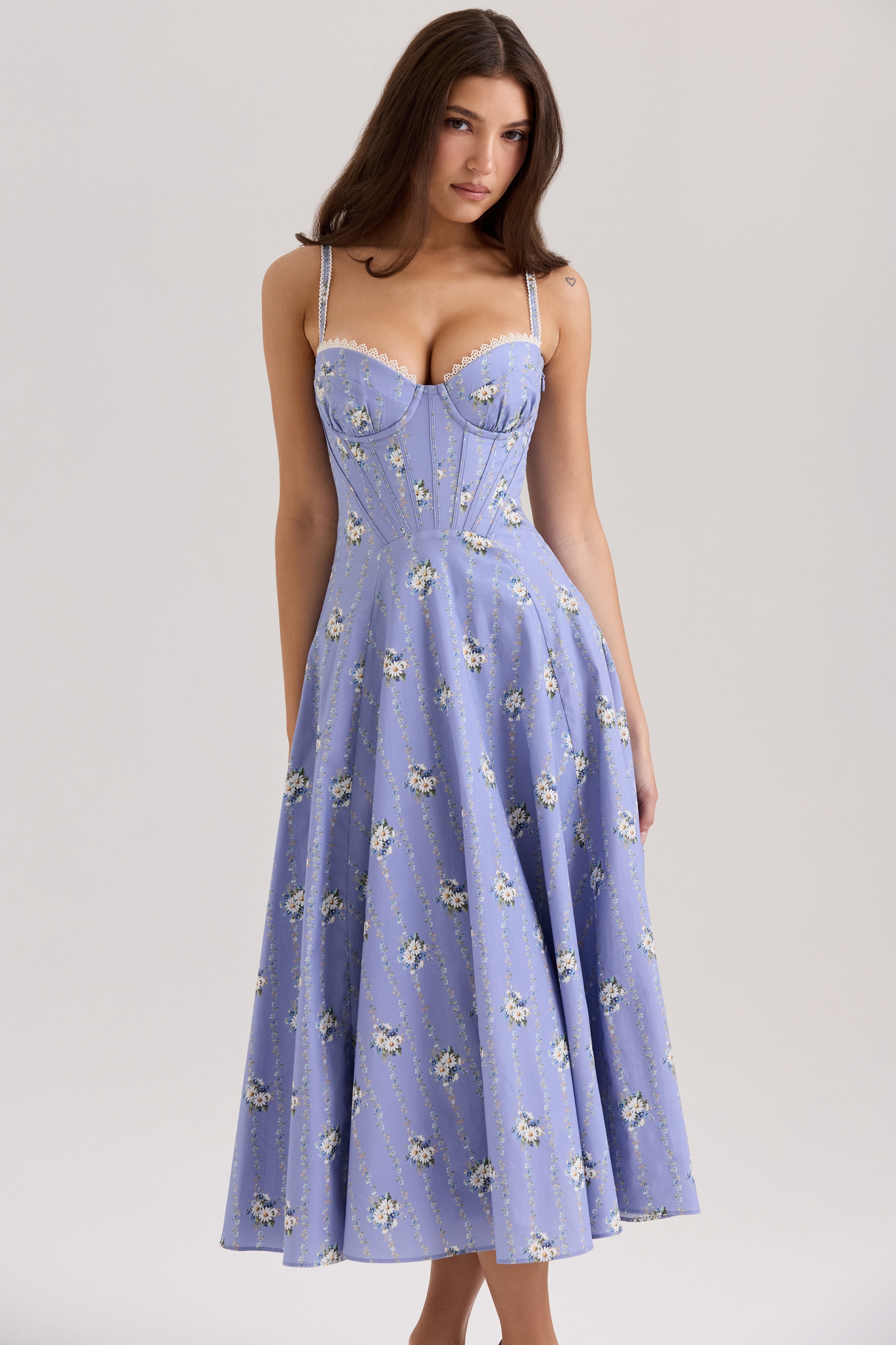 Steffani-Blue Daisy Print Stretch Cotton Midi Sundress