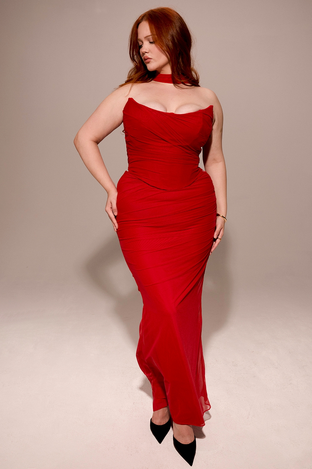 Hallie-Holly Red Strapless Corset Top with Detachable Neck Scarf