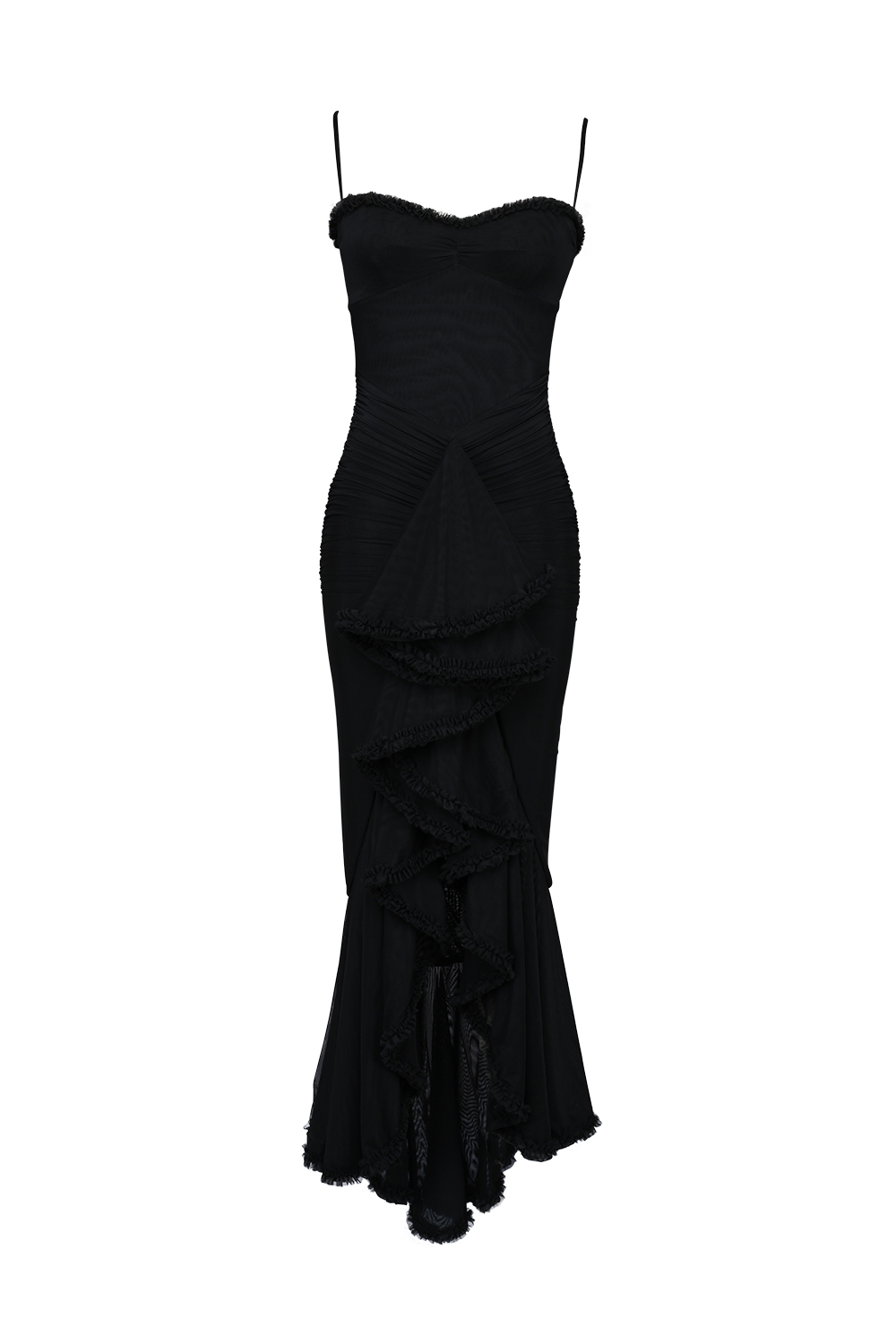 Gabbi-Black Mesh Ruffled Front Gown