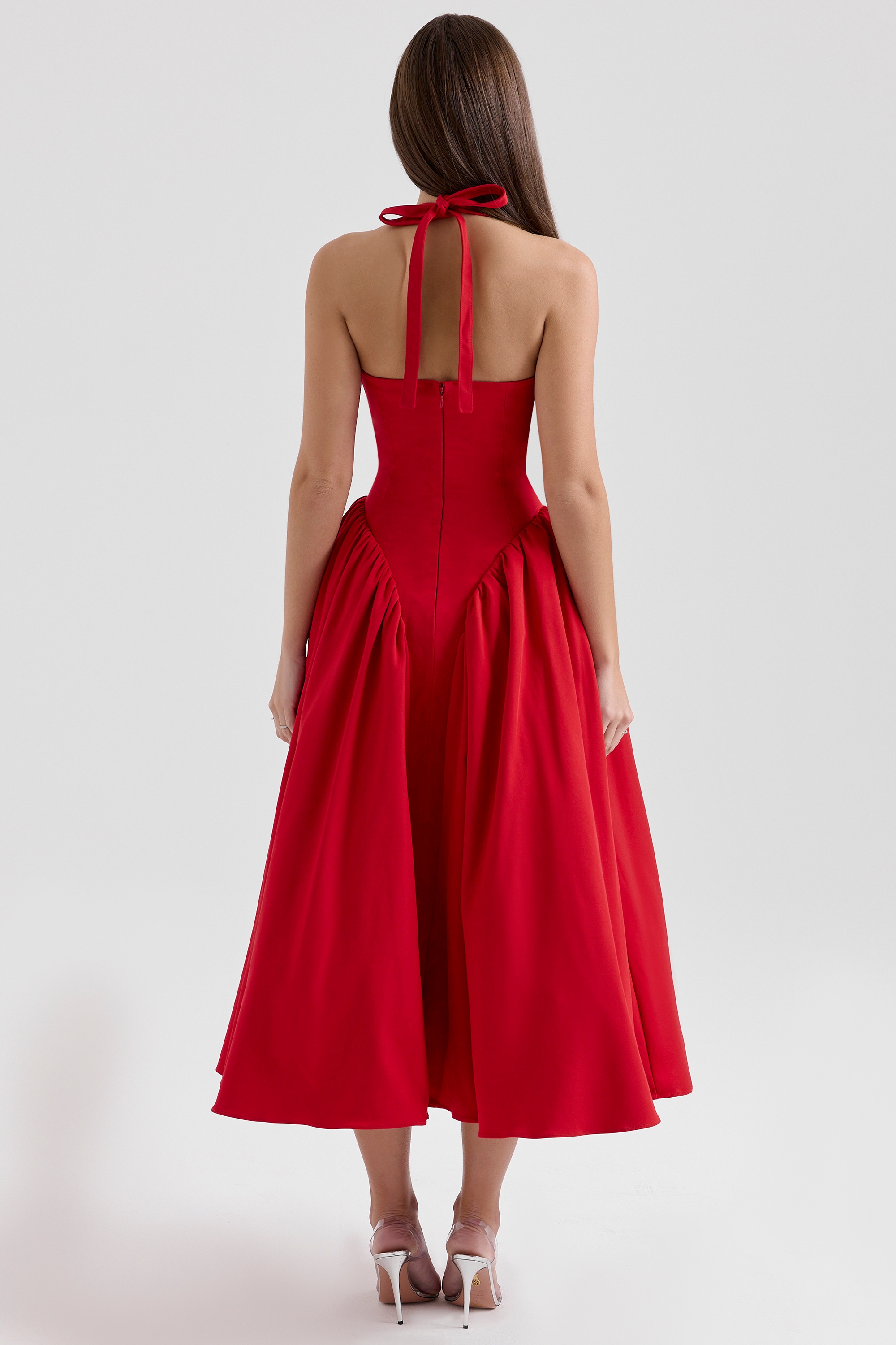 Marilyn-Red Twill Halter Midi Dress