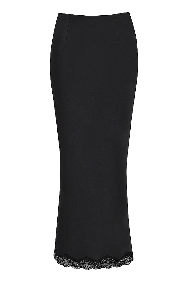 Ruby-Black Satin Lace Trim Midi Skirt