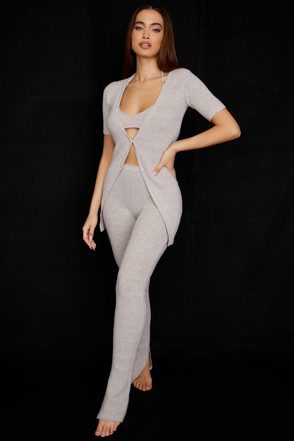 Raven-Oatmeal Ribbed Knit Flared Trousers - SALE