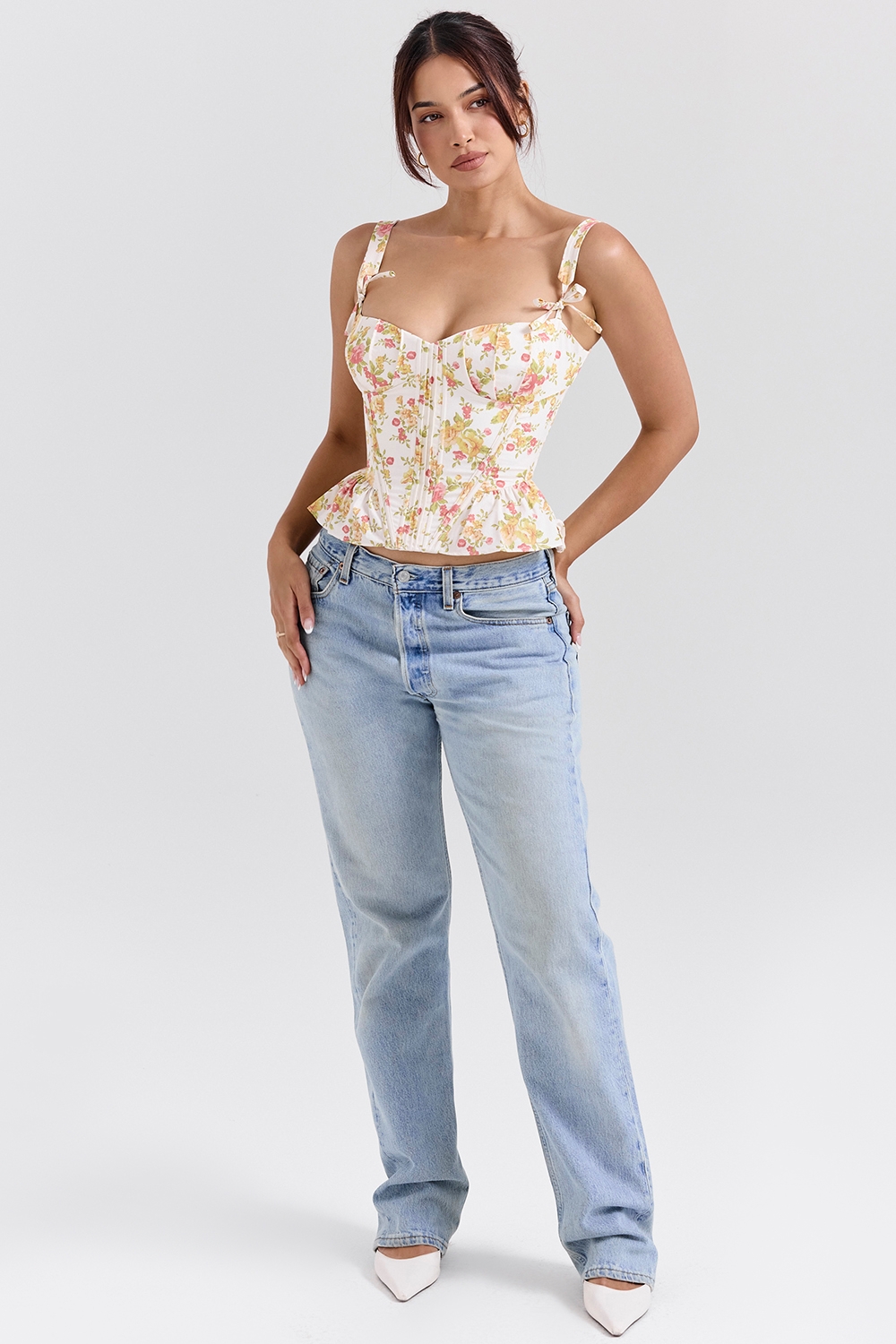 Gigou-Royal Rose Print Peplum Cotton Corset