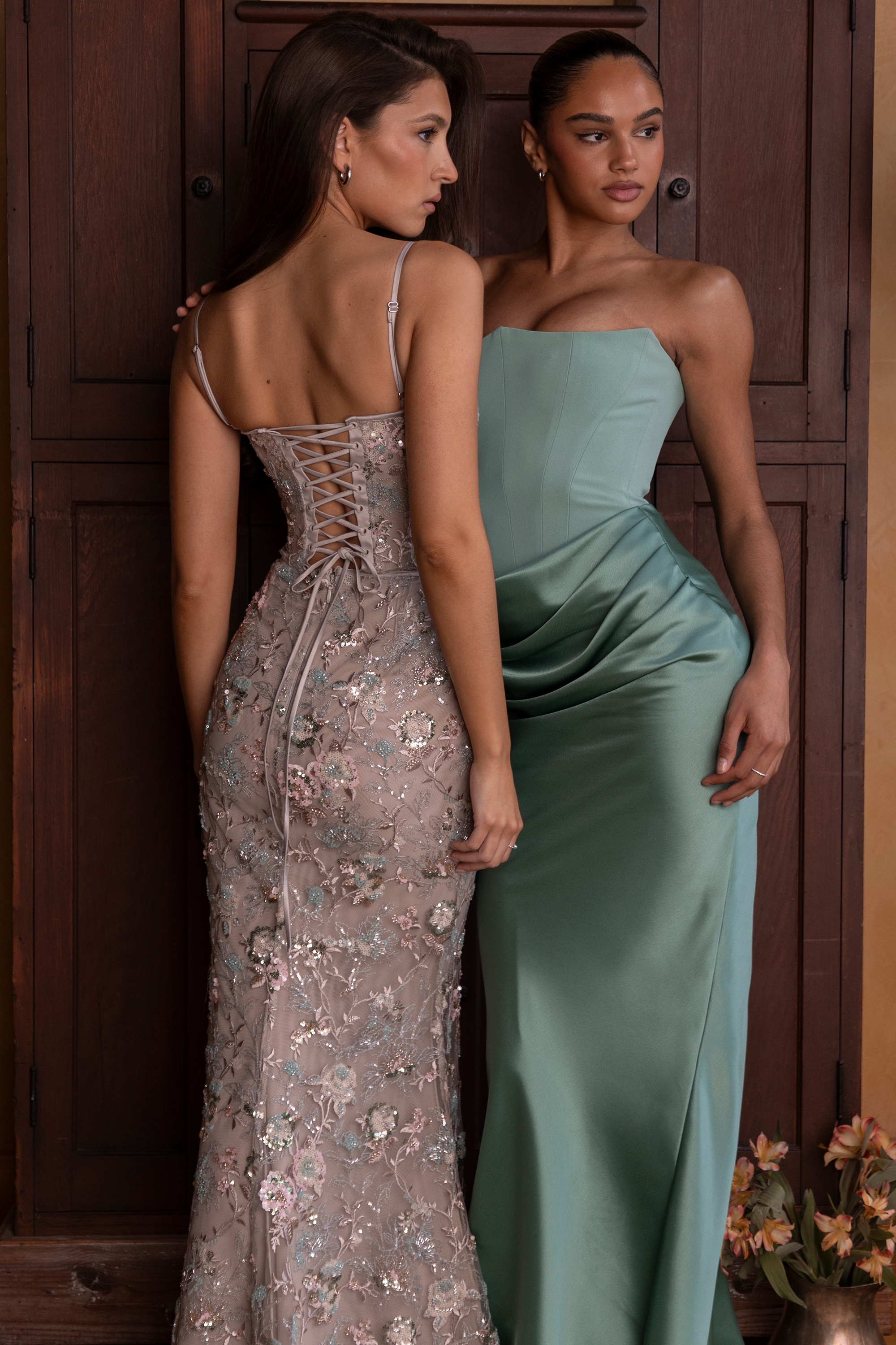 Naima-Silver Embellished Beaded Corset Maxi Dress