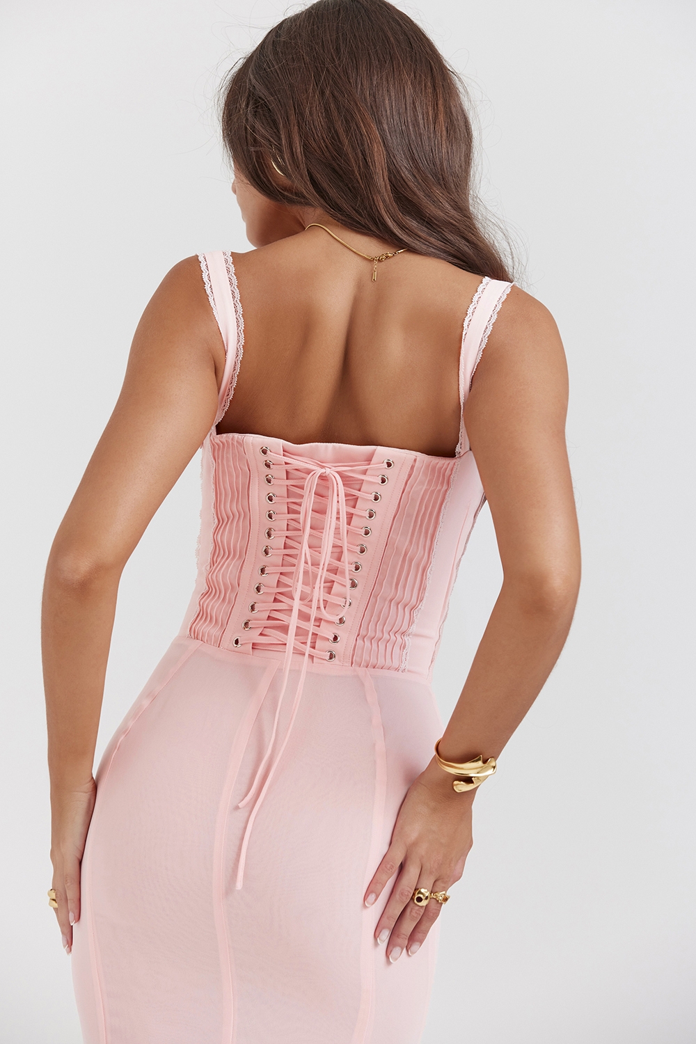 Syrah-Soft Peach Lace Back Midi Dress