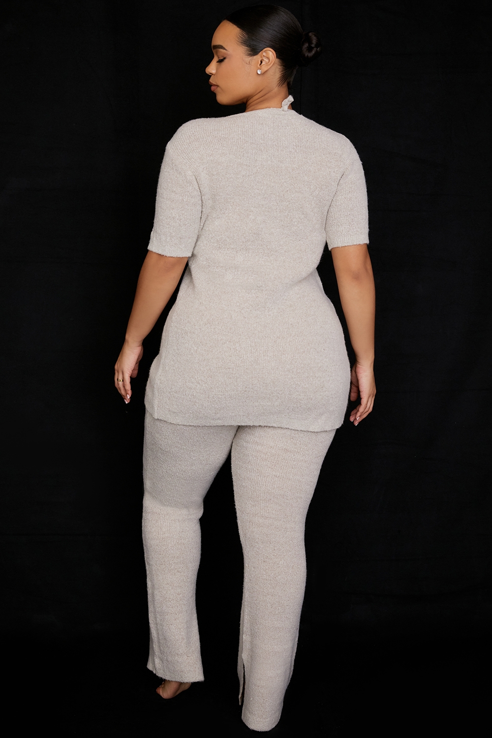 Raven-Oatmeal Ribbed Knit Flared Trousers - SALE