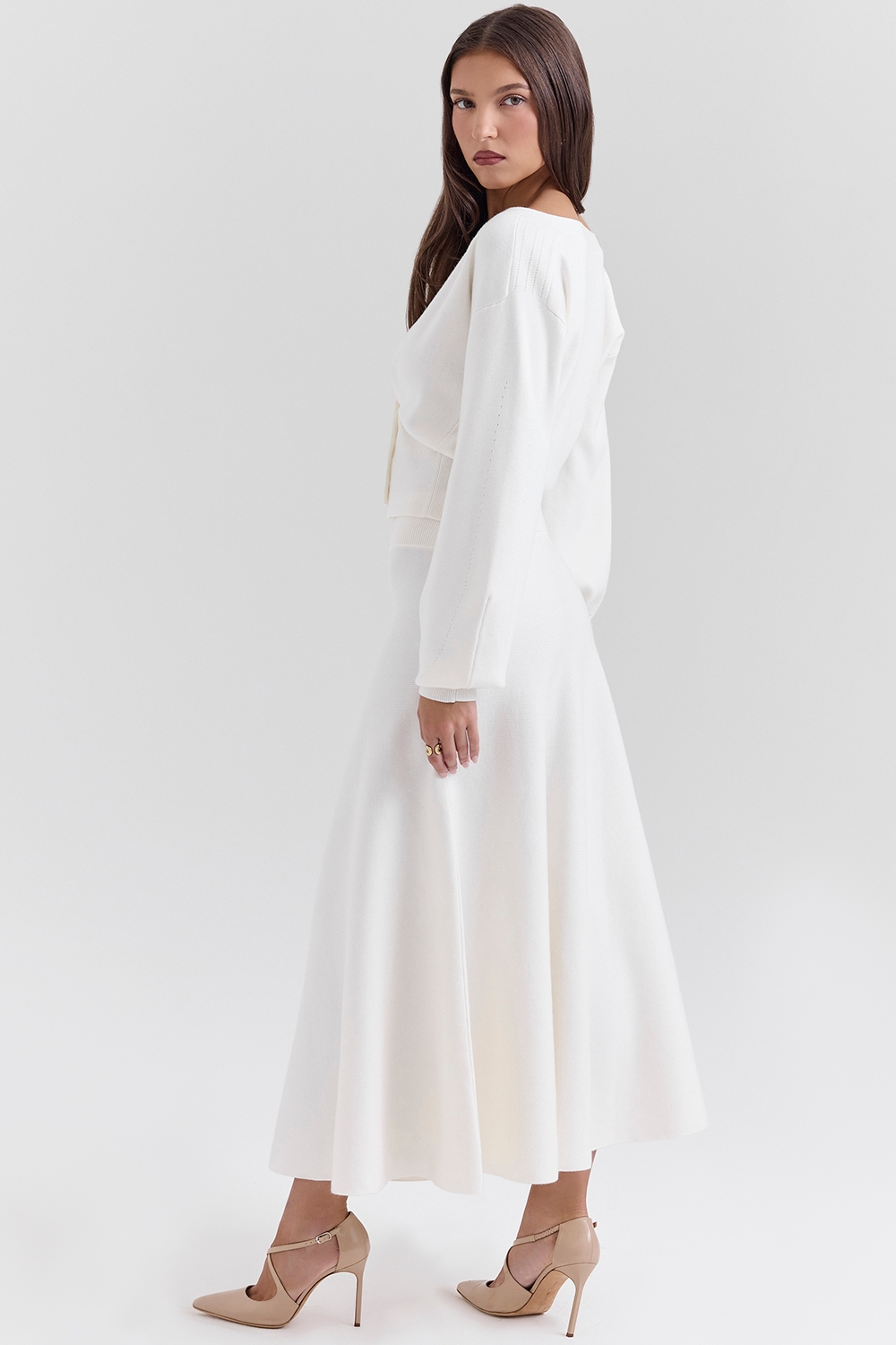 Solara-Ivory Wool Mix Flared Midi Skirt