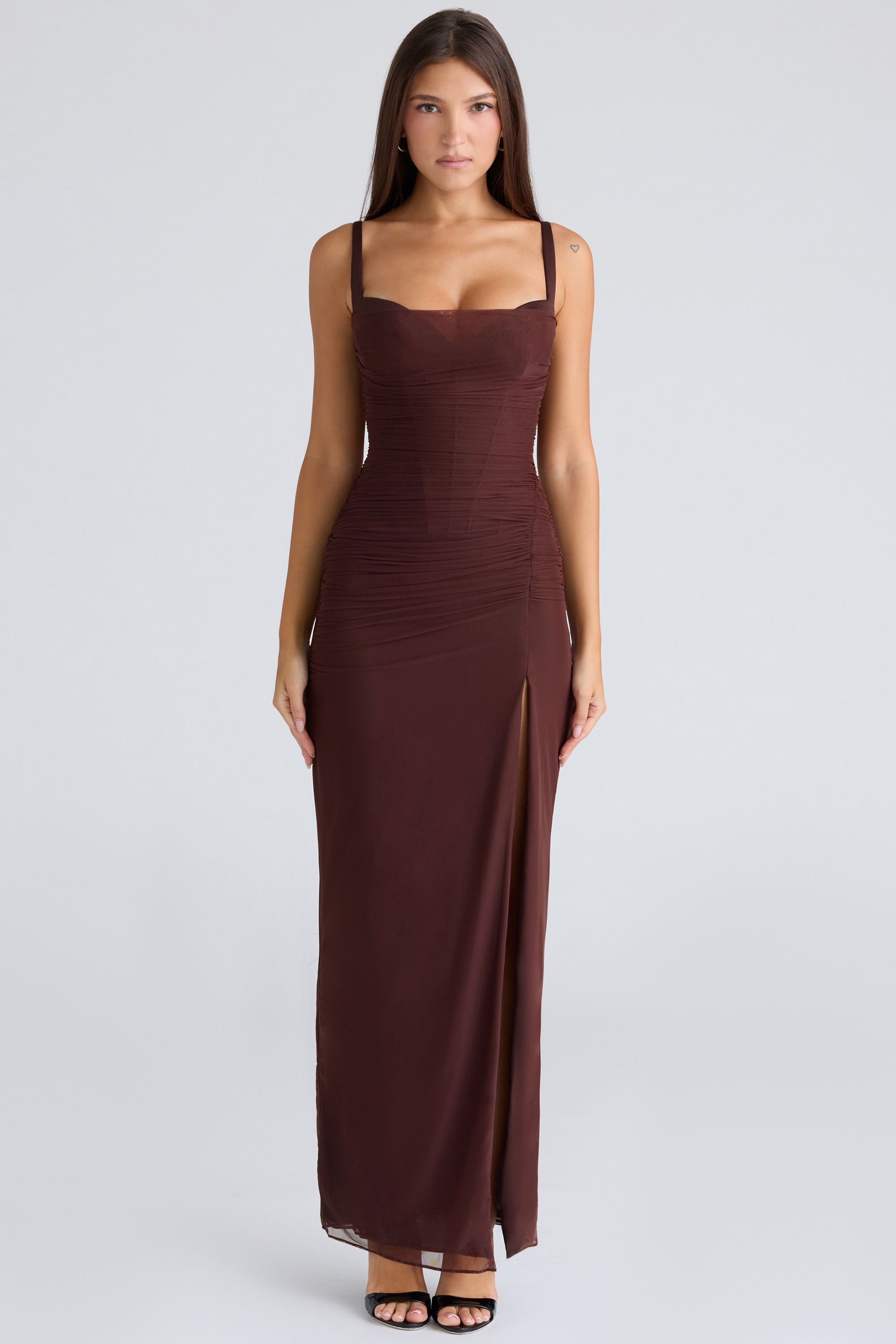 Lini-Burgundy Stretch Mesh Maxi Dress