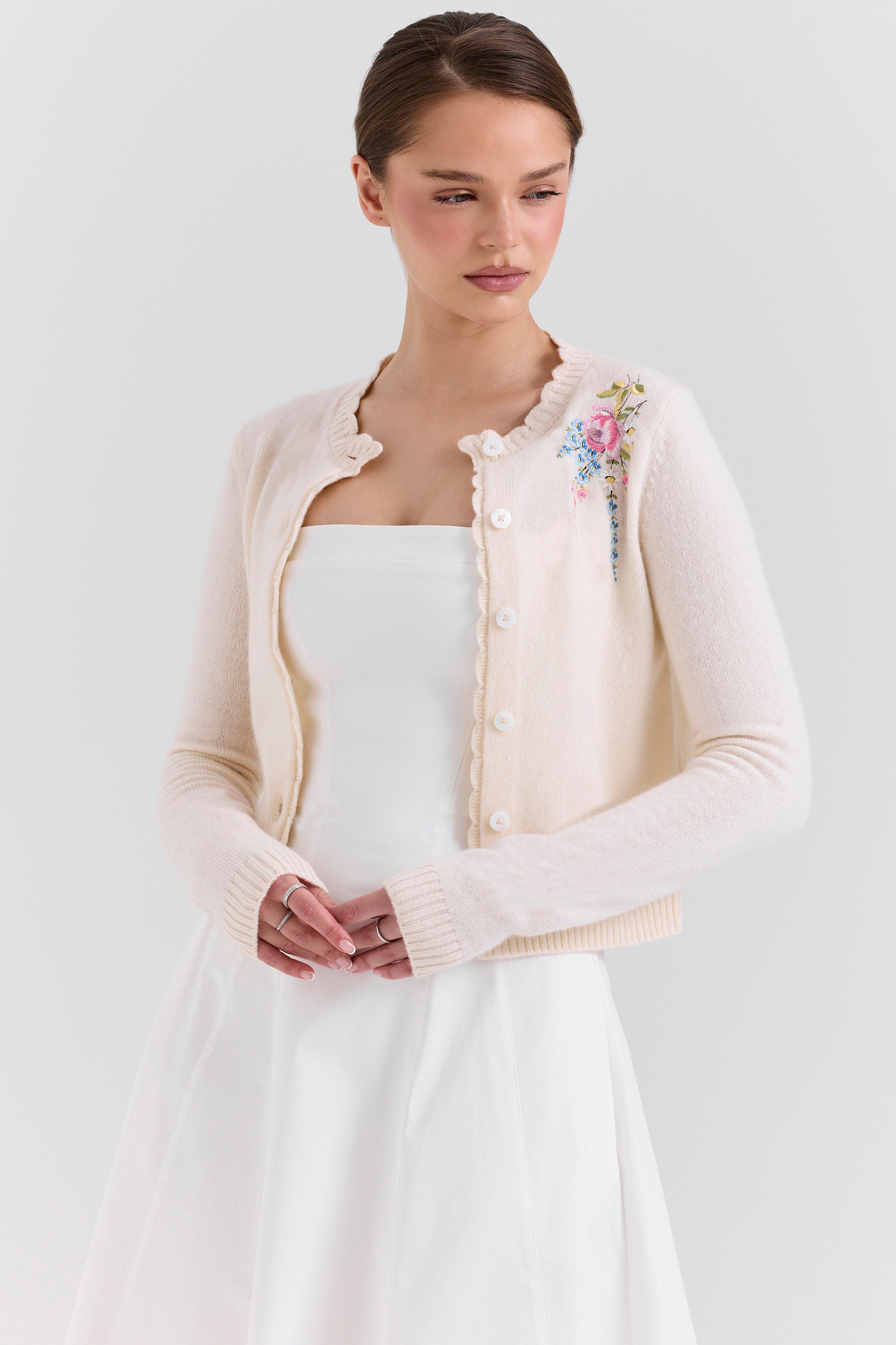 Anjou-Cream Lambswool Floral Embroidered Cardigan
