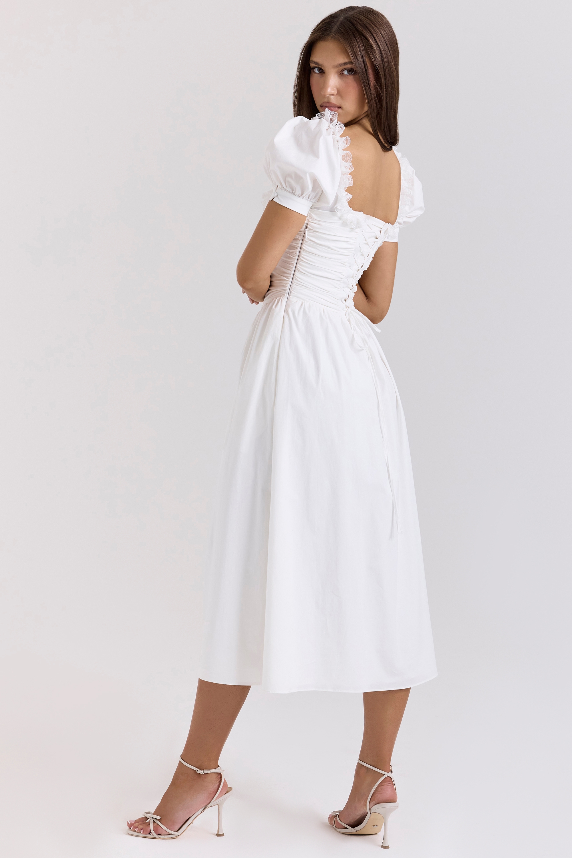 Lulabell-White Stretch Cotton Puff Sleeve Midi Dress