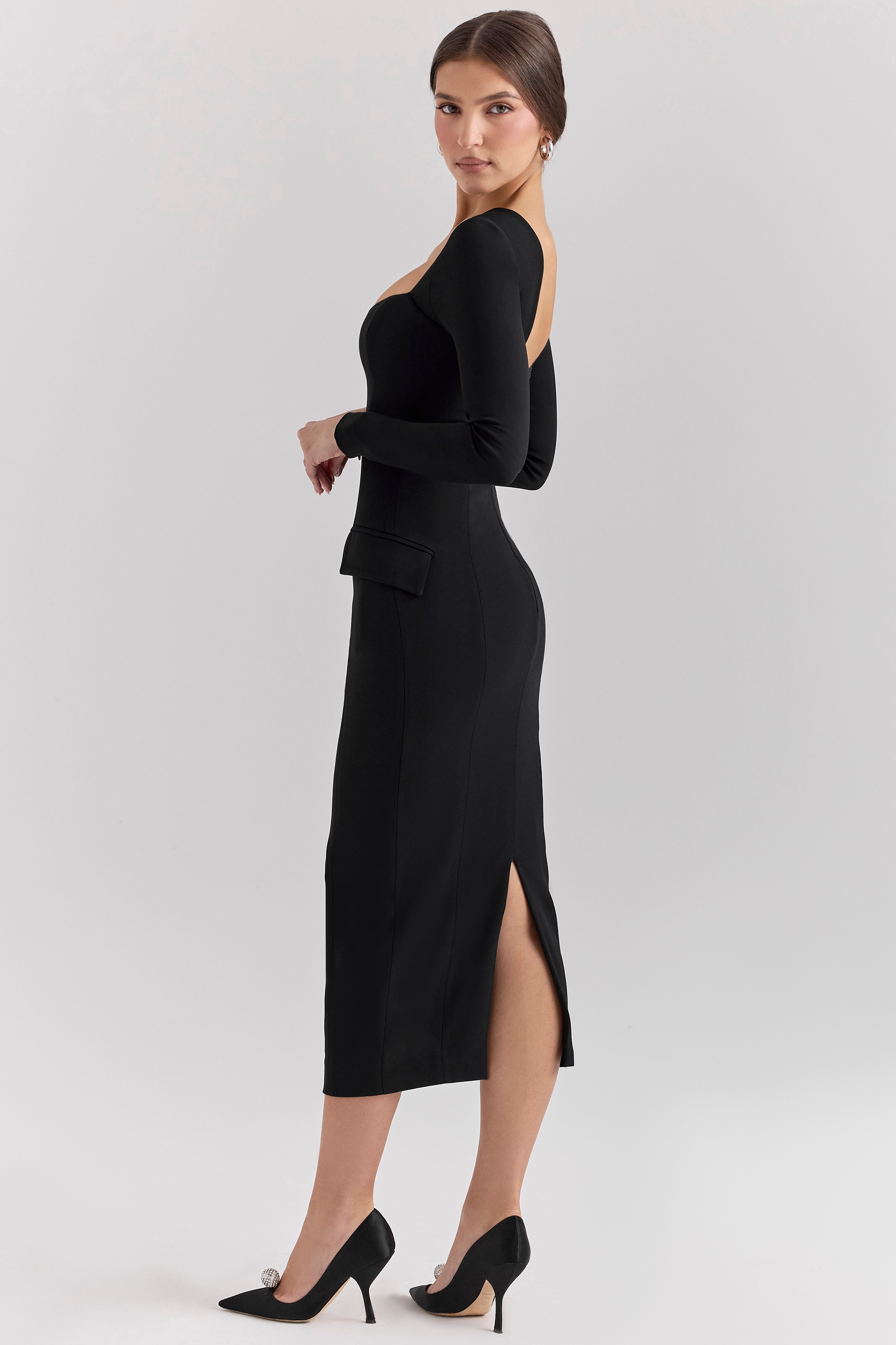 Ella-Black Stretch Crepe Long Sleeve Midi Dress