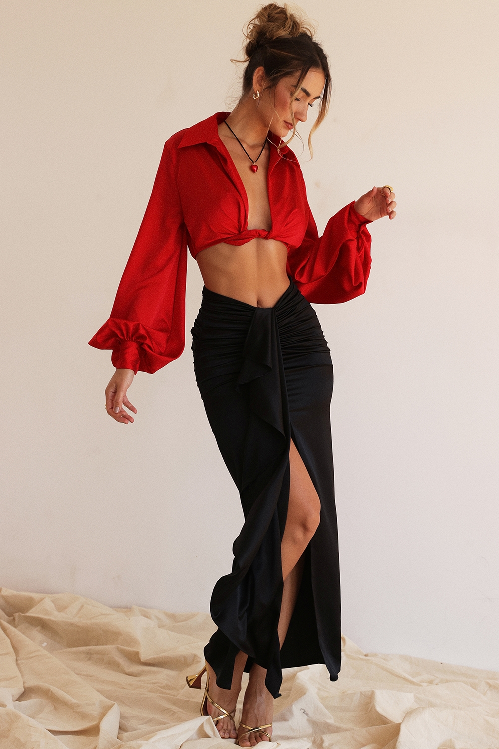 Arla-Black Draped Silk Maxi Skirt